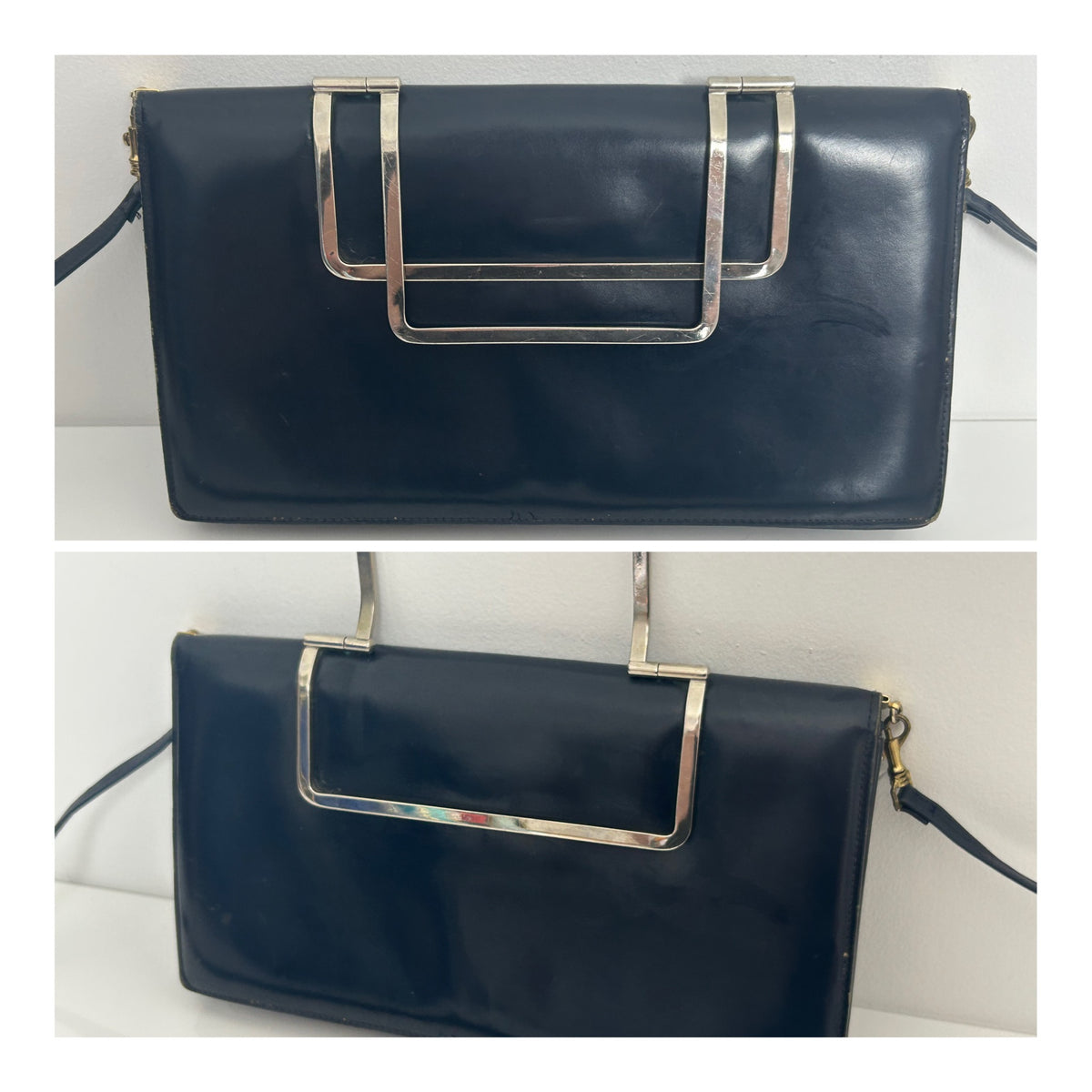 Vintage 1970s Very Dark Blue Leather Silver Handled Mod Clutch Or Shoulder Bag