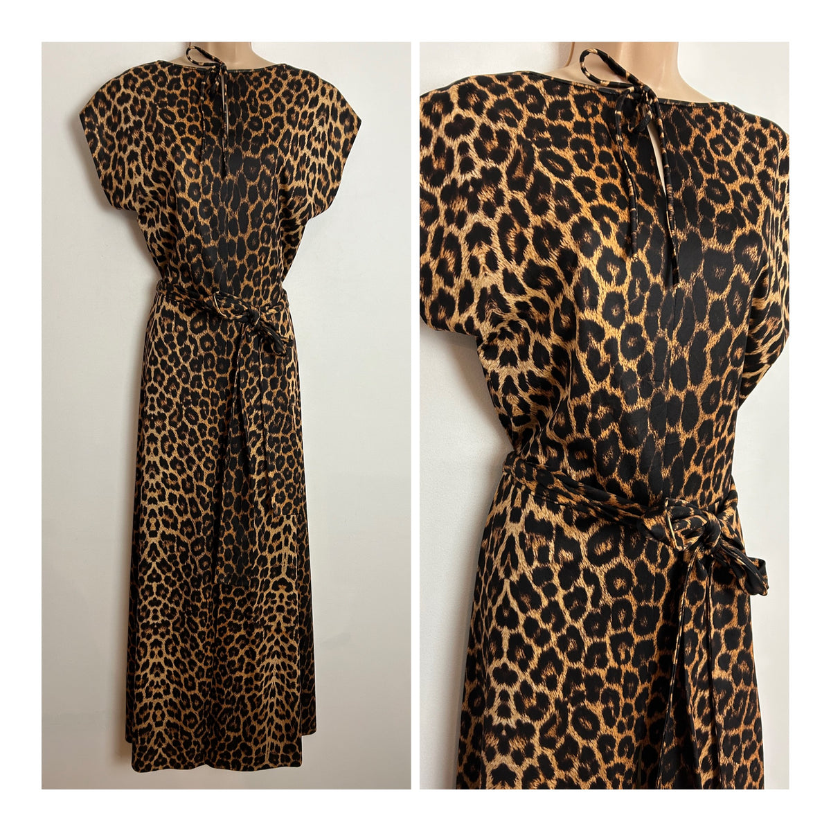 Vintage Early 1980s UK Size 14-16 Black & Tan Leopard Print Cap Sleeve Belted Split Panel Maxi Dress