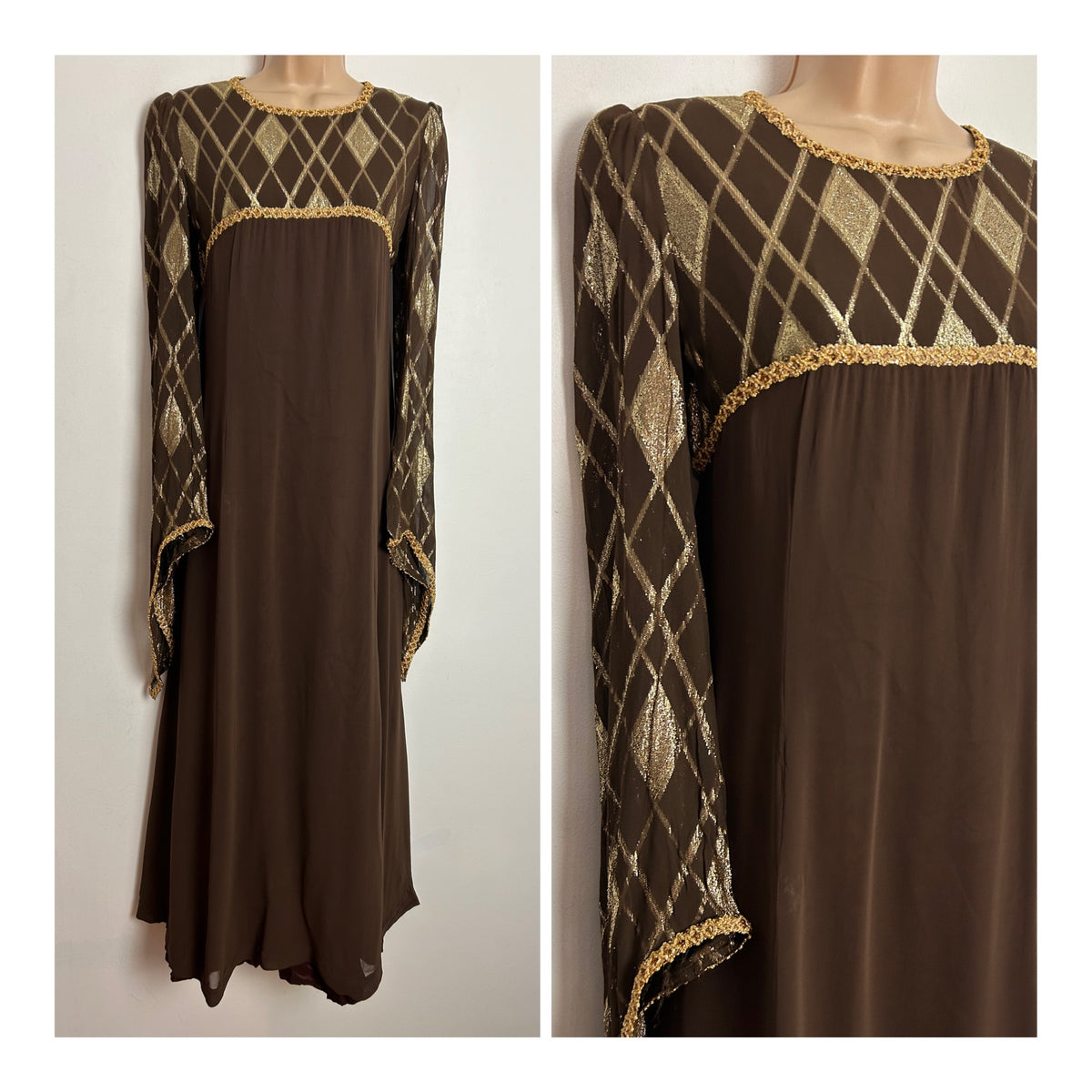 Vintage Early 1960s ALEXANDER CLARE UK Size 10 Brown & Gold Lurex Diamond Pattern Long Sleeve Occasion Maxi Dress