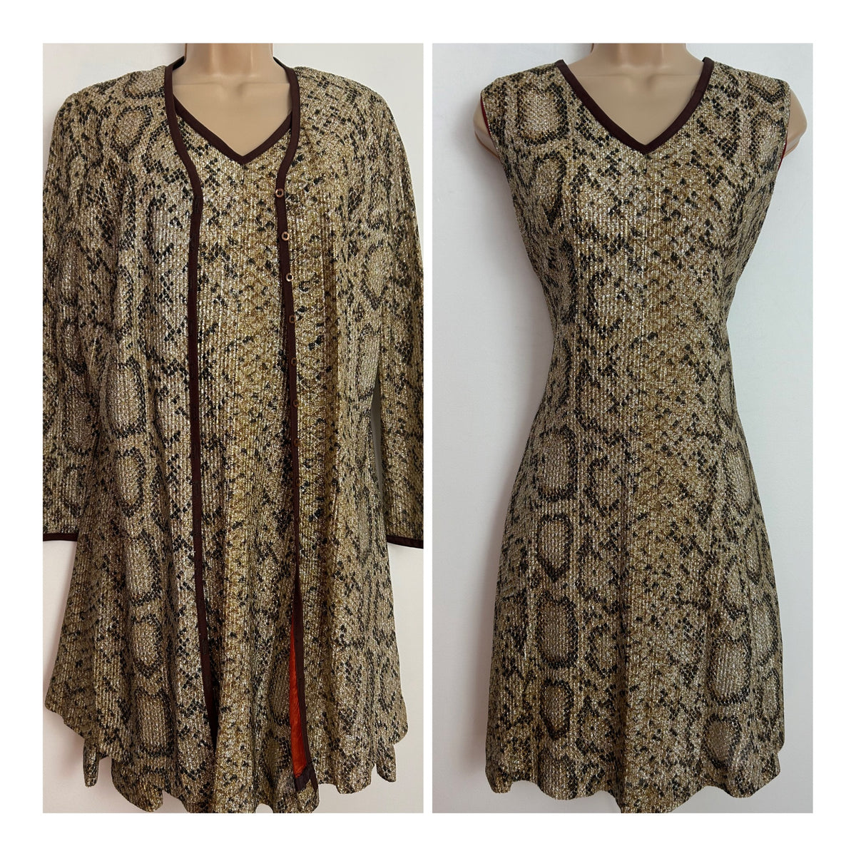 Vintage 1960s Size 8-10 Black & Gold Animal Leopard Print Lurex Mod Shift Dress & Matching Jacket