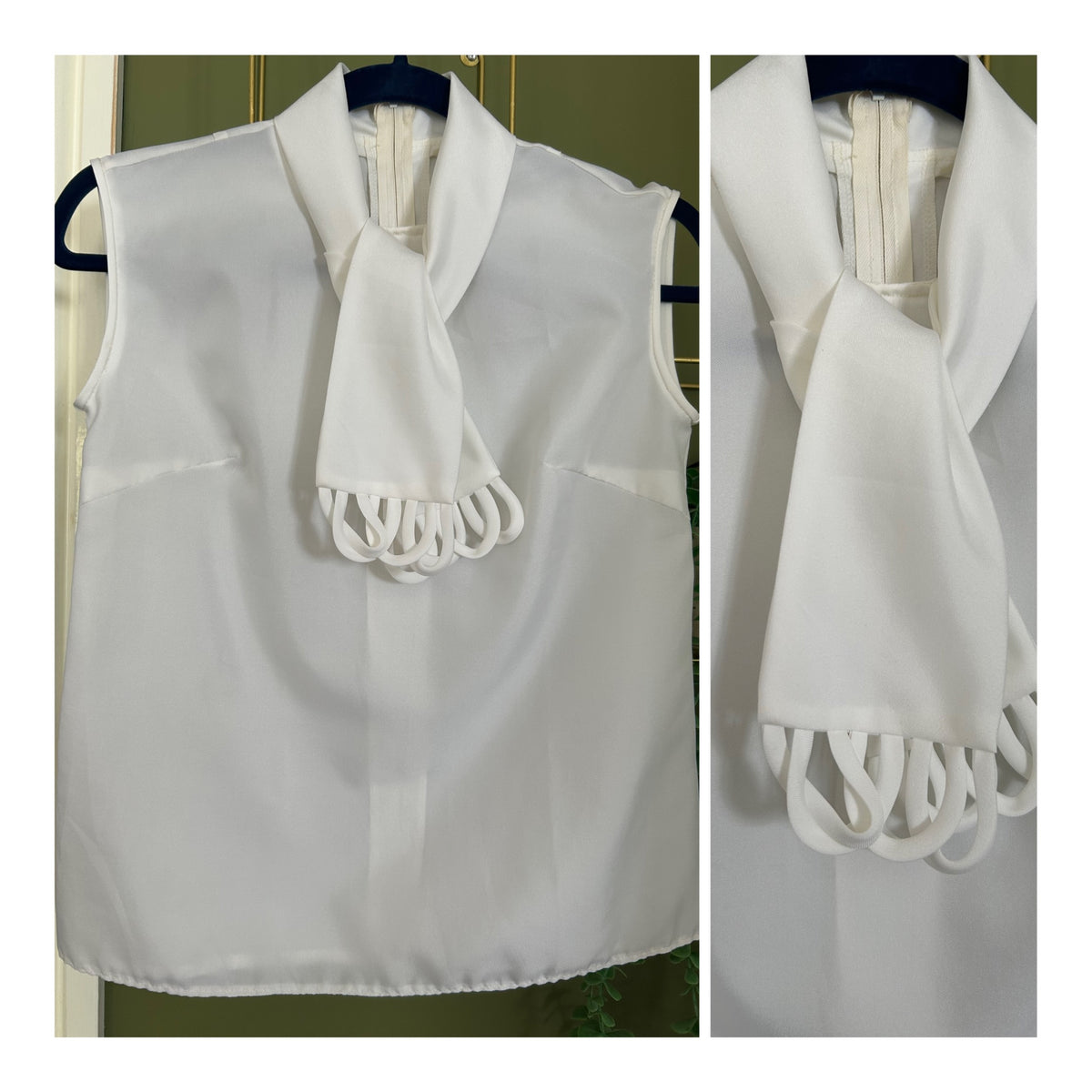 Vintage 1960s Size 8 White Sleeveless Scarf Tie Blouse/Top