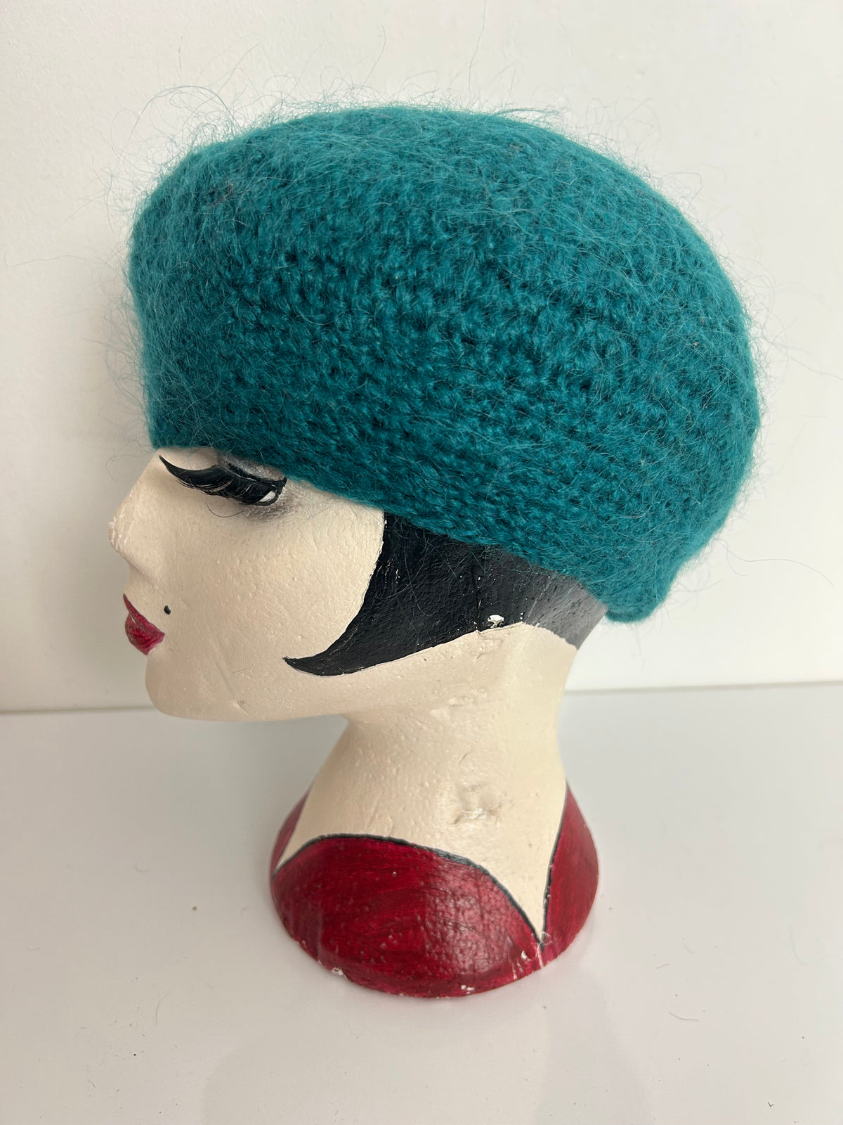 Vintage Teal Green Angora & Wool Knit Beret/Beanie Style Hat
