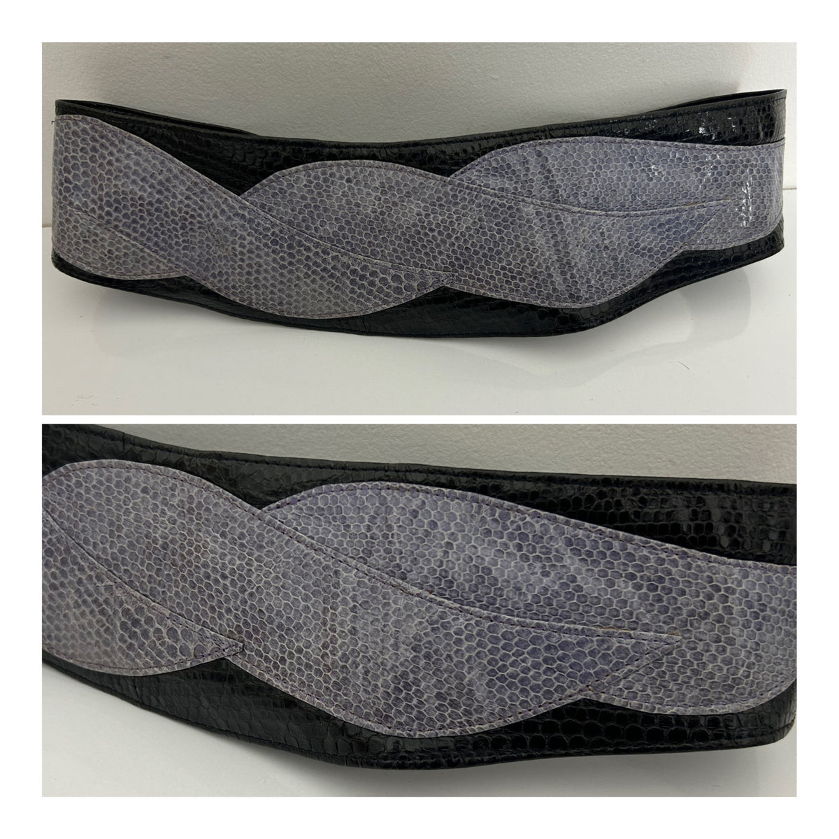 Vintage 1980s Black & Grey Mock Reptile Skin New Romantic Style Leather Wide Cinch Belt 28" Waist