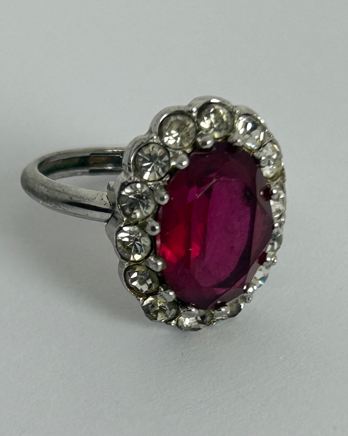 Vintage Silver Tone Red Glass & Diamante Stone Set Cocktail Ring Size T