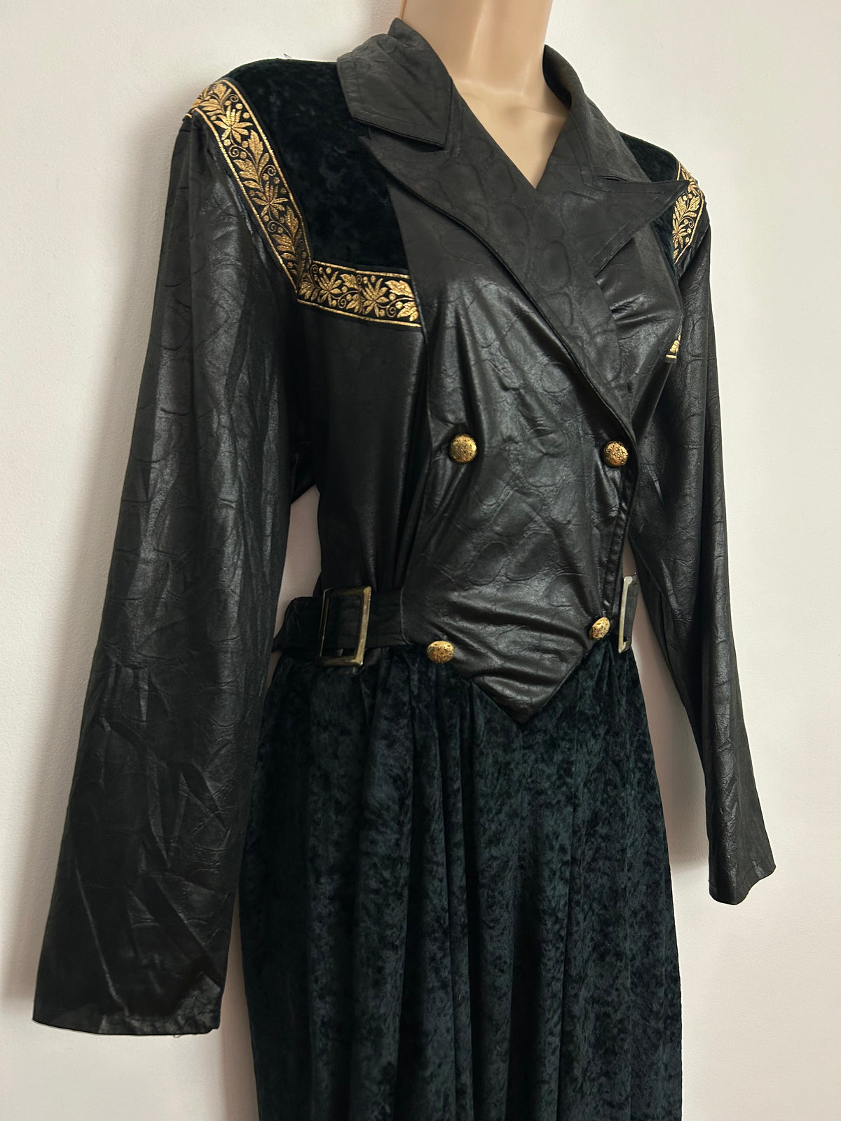 Vintage Extreme 1980's Size 14 Black Wet Look & Velour Gold Braid Trim Long Sleeve Side Buckle Fastenings Jumpsuit