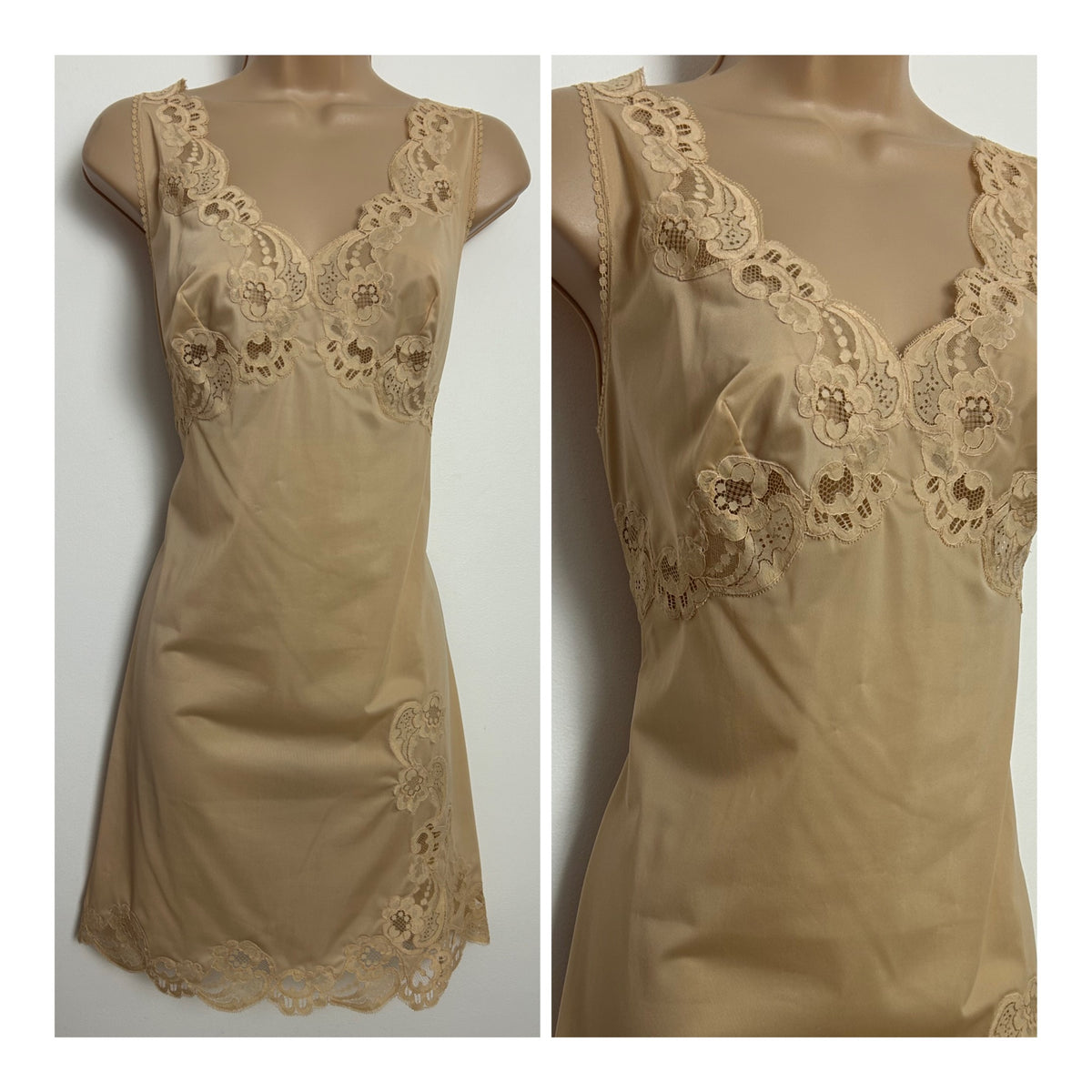 Vintage 1960s Size 12 Nude Beige Lace Trim Nylon Slip