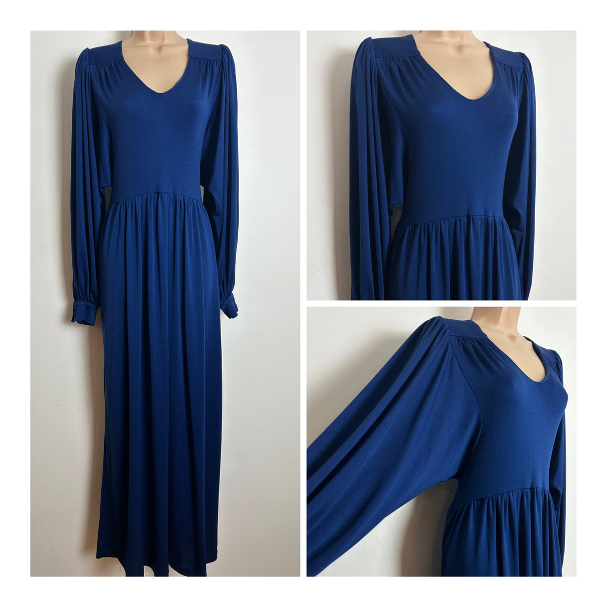 Vintage 1970s EMCAR Size 10-12 Navy Blue Long Billowy Balloon Sleeve Empire Line Maxi Dress