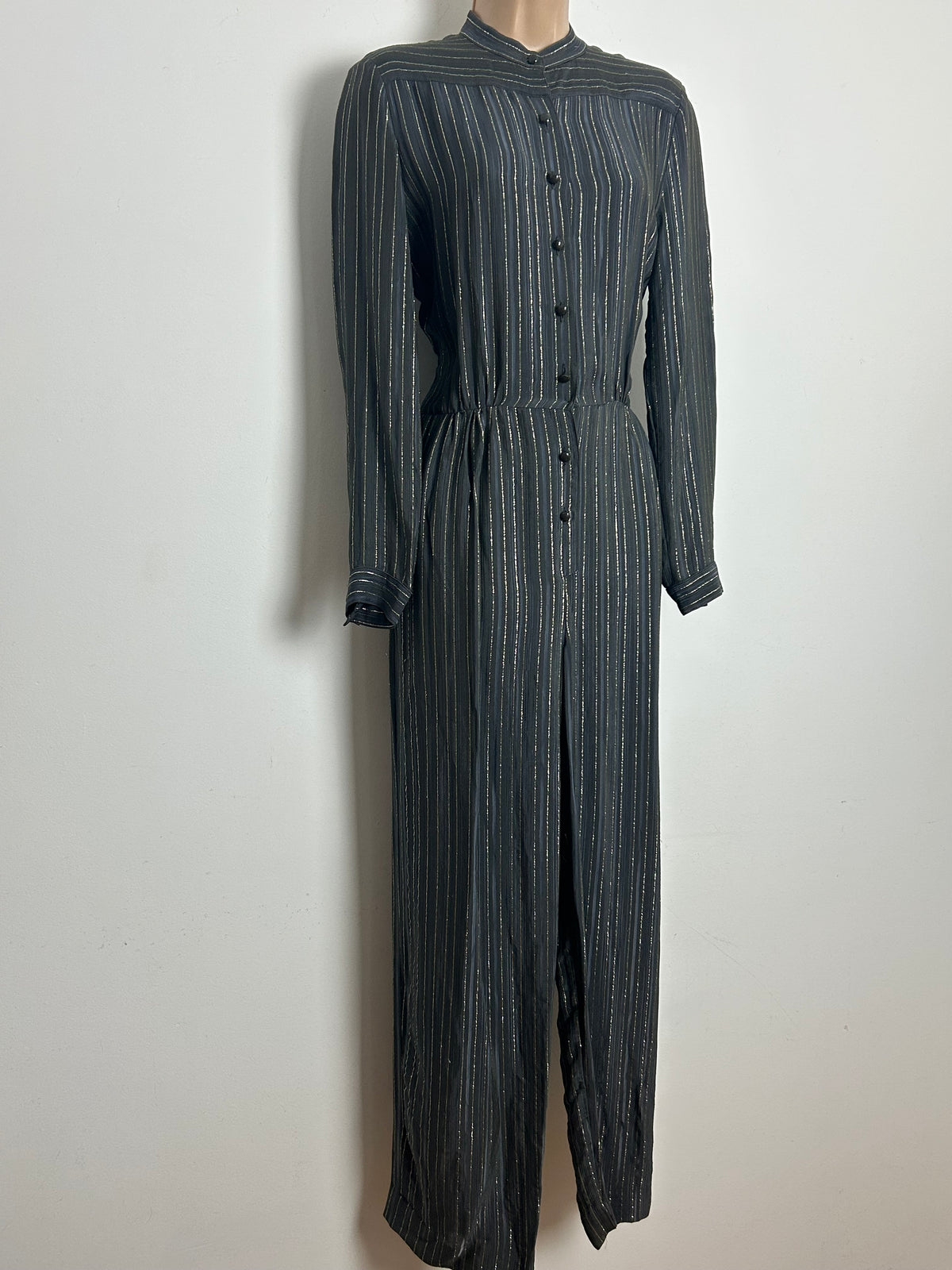 Vintage 1980s COUNTRY CASUALS Size 10 Dark Grey & Gold Pinstripe Long Sleeve Jumpsuit
