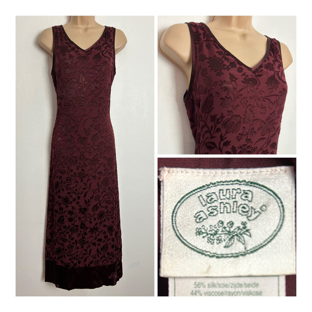 Vintage 1990s LAURA ASHLEY UK Size 10 (Size 12 On Label) Dark Claret Red Floral Damask Silk Mix Midi Occasion Dress