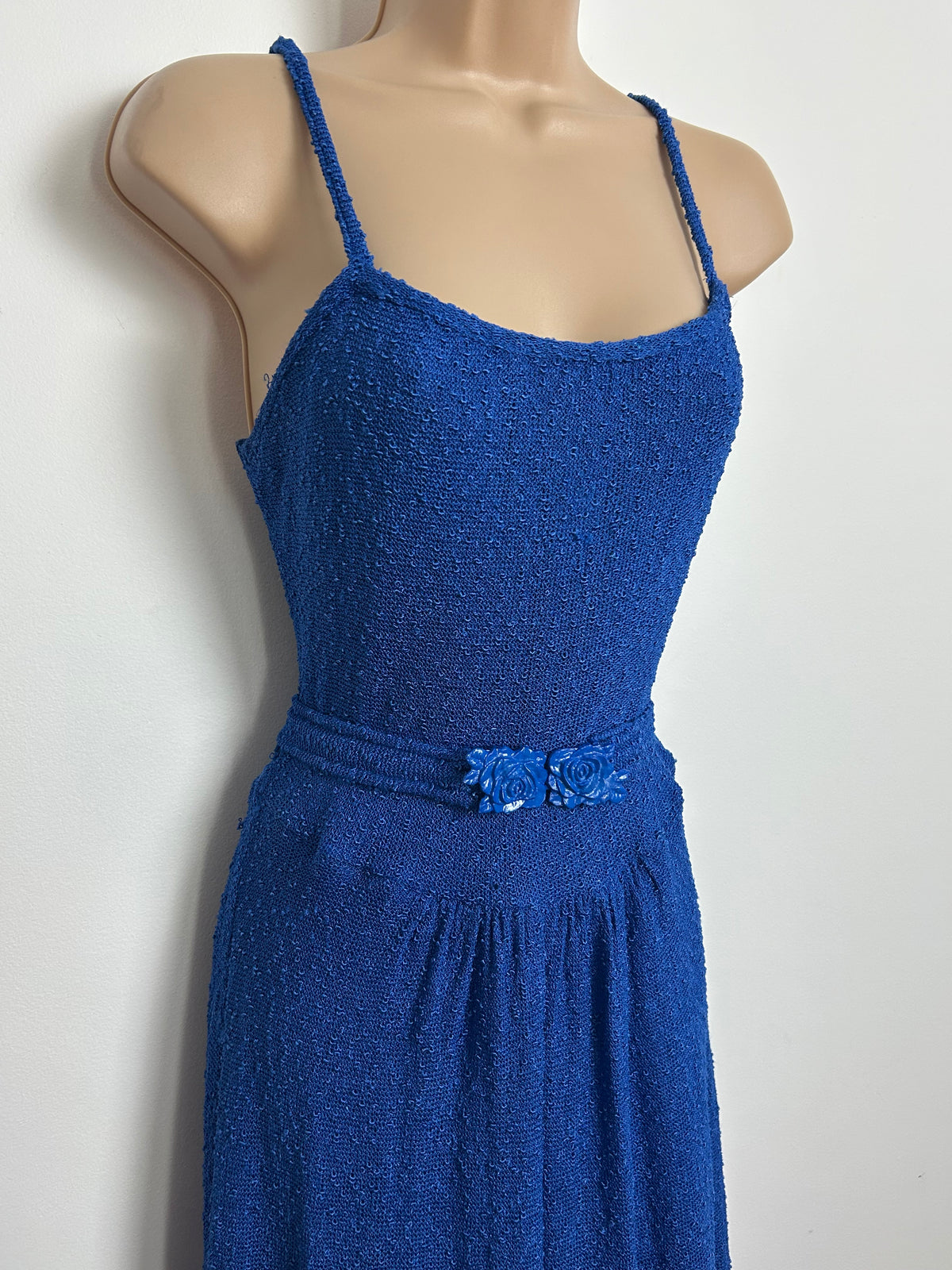 Vintage Late 1970s Size 10-12 Royal Blue Flower Buckle Strappy Summer Day Dress