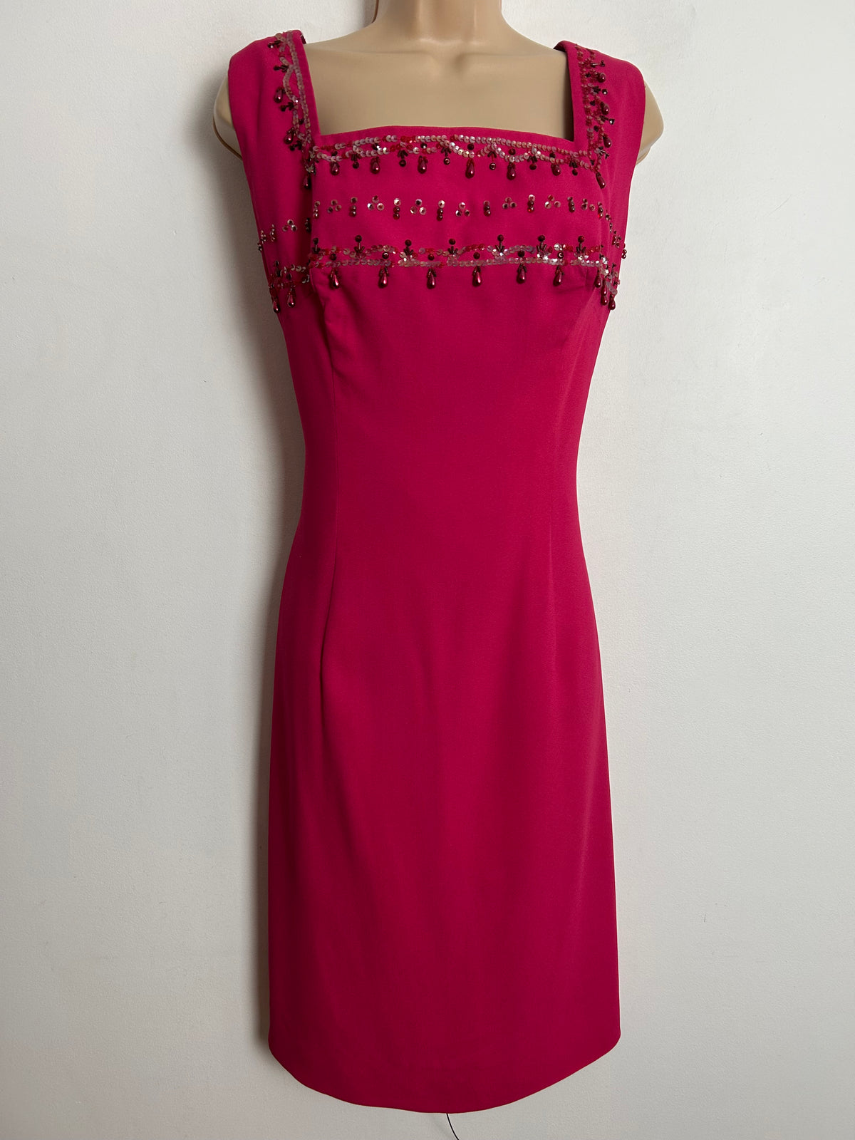 Vintage 1960s UK Size 12-14 Hot Pink Bead & Sequin Embellished Shift Style Party Occasion Dress