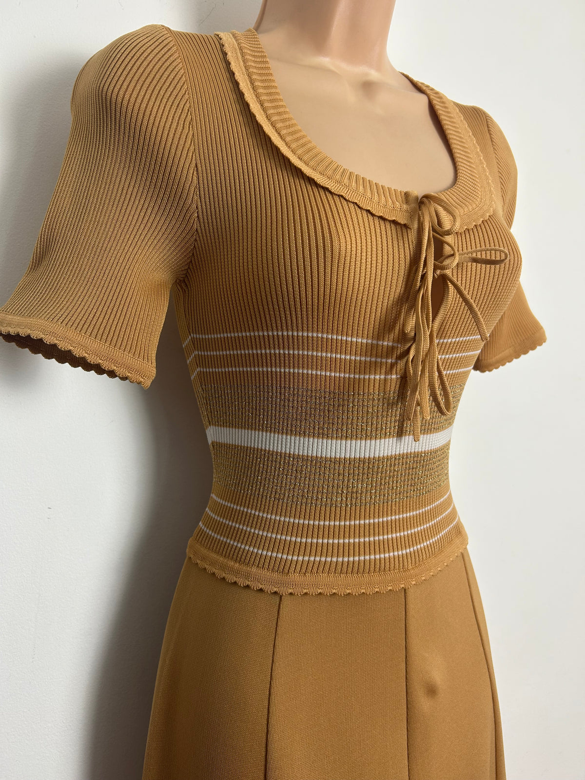 Vintage Early 1970s GINA SOPHISTICATES Up To Size 10 Sandy Beige Ribbed Stripe Pattern Maxi Dress