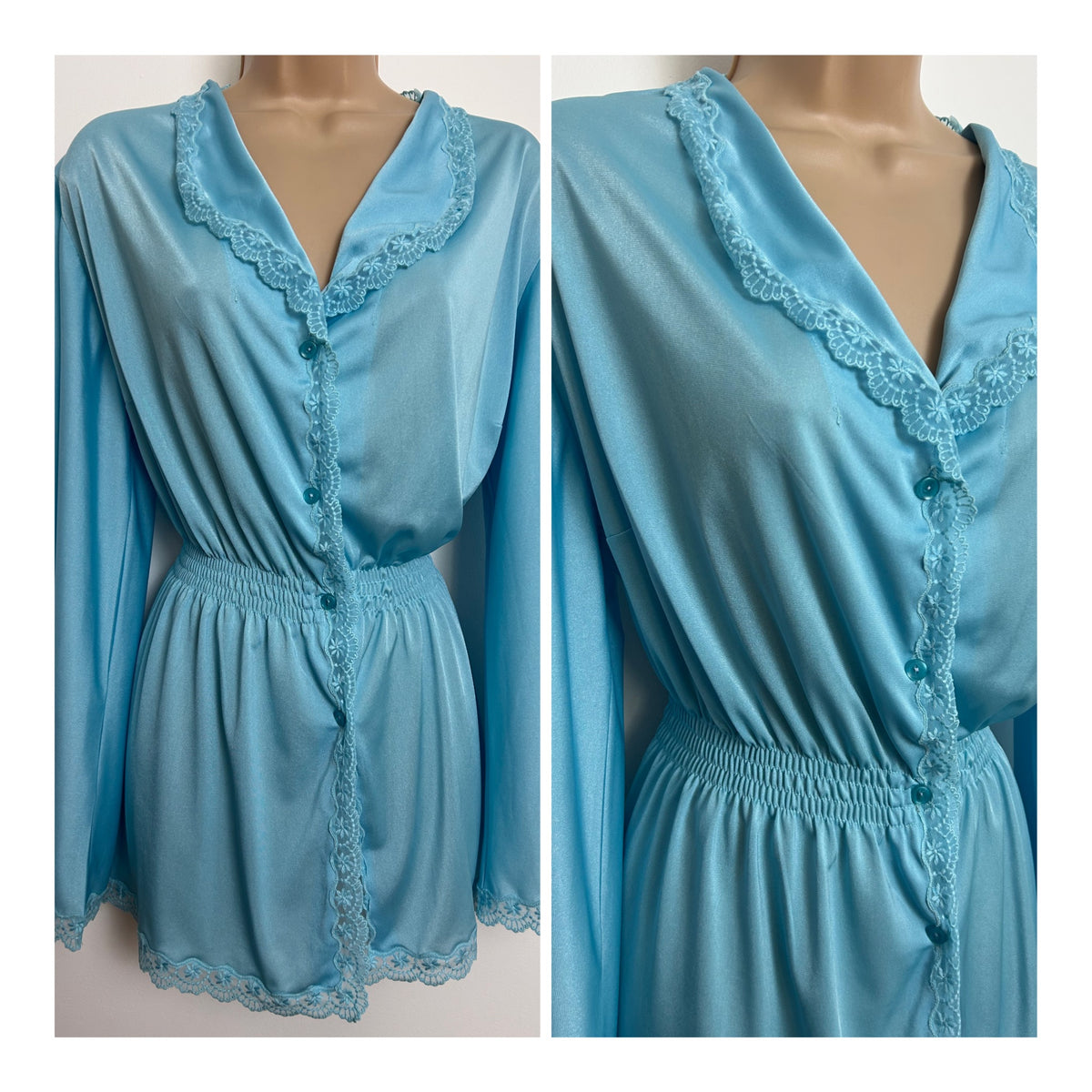 Vintage 1970s Size 12-14 Blue Lace Trim Long Sleeve Shirred Waist Bed Shirt/Jacket