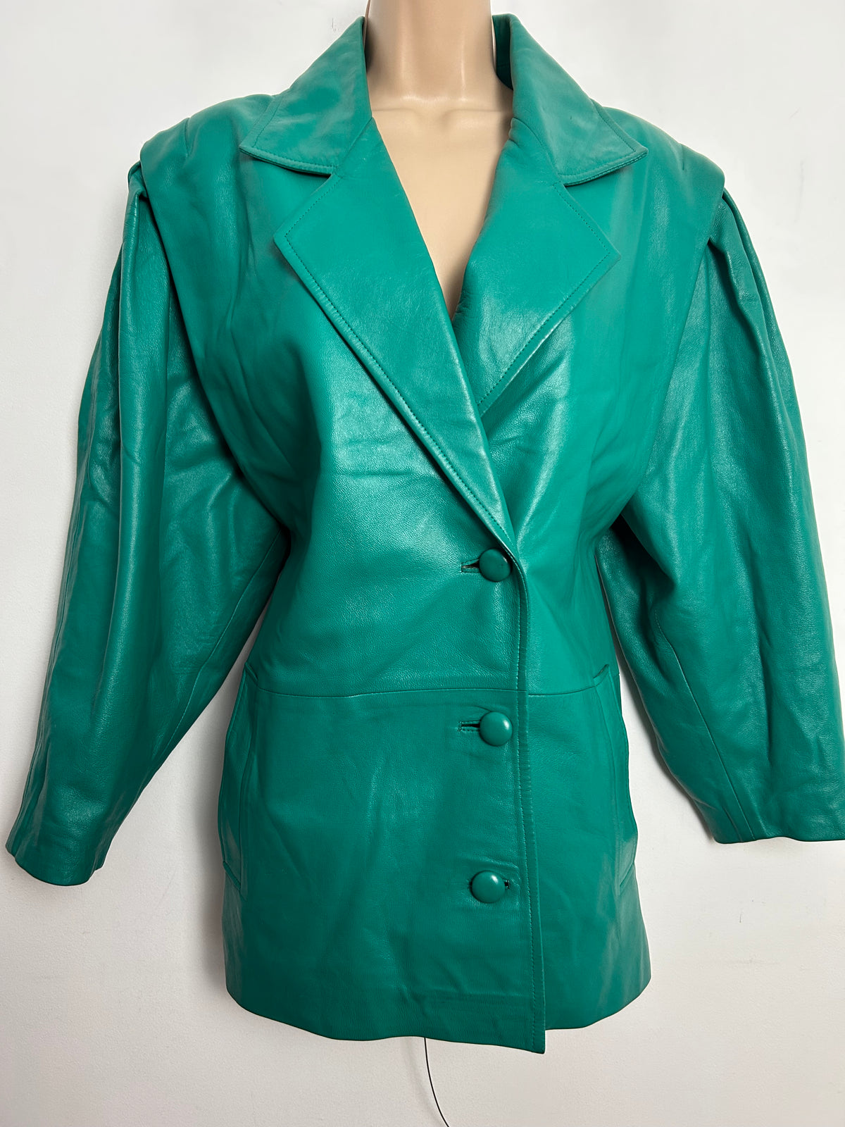 Vintage 1980s UK Size 14 Jade Green Oversized Leather Jacket/Coat