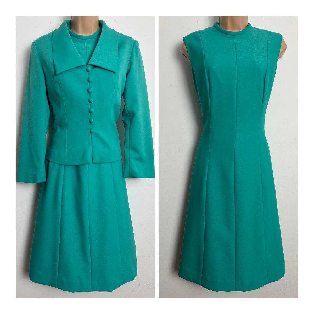 Vintage 1960s HANNLORE OF LONDON Size 8 Jade Green Mod Dress & Jacket Two Piece Suit