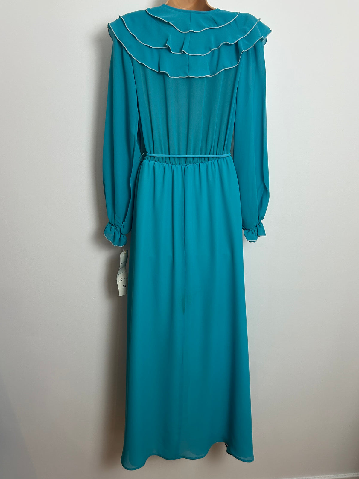Vintage Late 1970s Deadstock DARREN Size 14 Turquoise Ruffled Long Sleeve Belted Maxi Dress