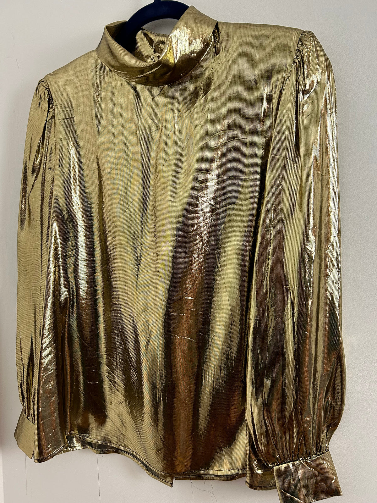 Vintage 1980s LLOYD WILLIAMS UK Size 12 Gold Lame Long Sleeve Button Black Blouse/Top