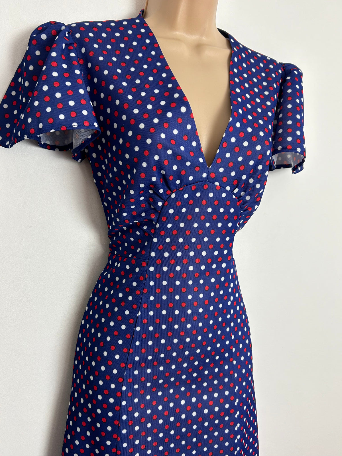 Vintage 1970s UK Size 8 Cute Blue Red & White Polka Dot Short Sleeve Maxi Dress