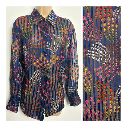 Vintage 1970s Size 18 Navy Blue Red Pink & White Floral & Geo Print Long Sleeve Semi Sheer Shirt