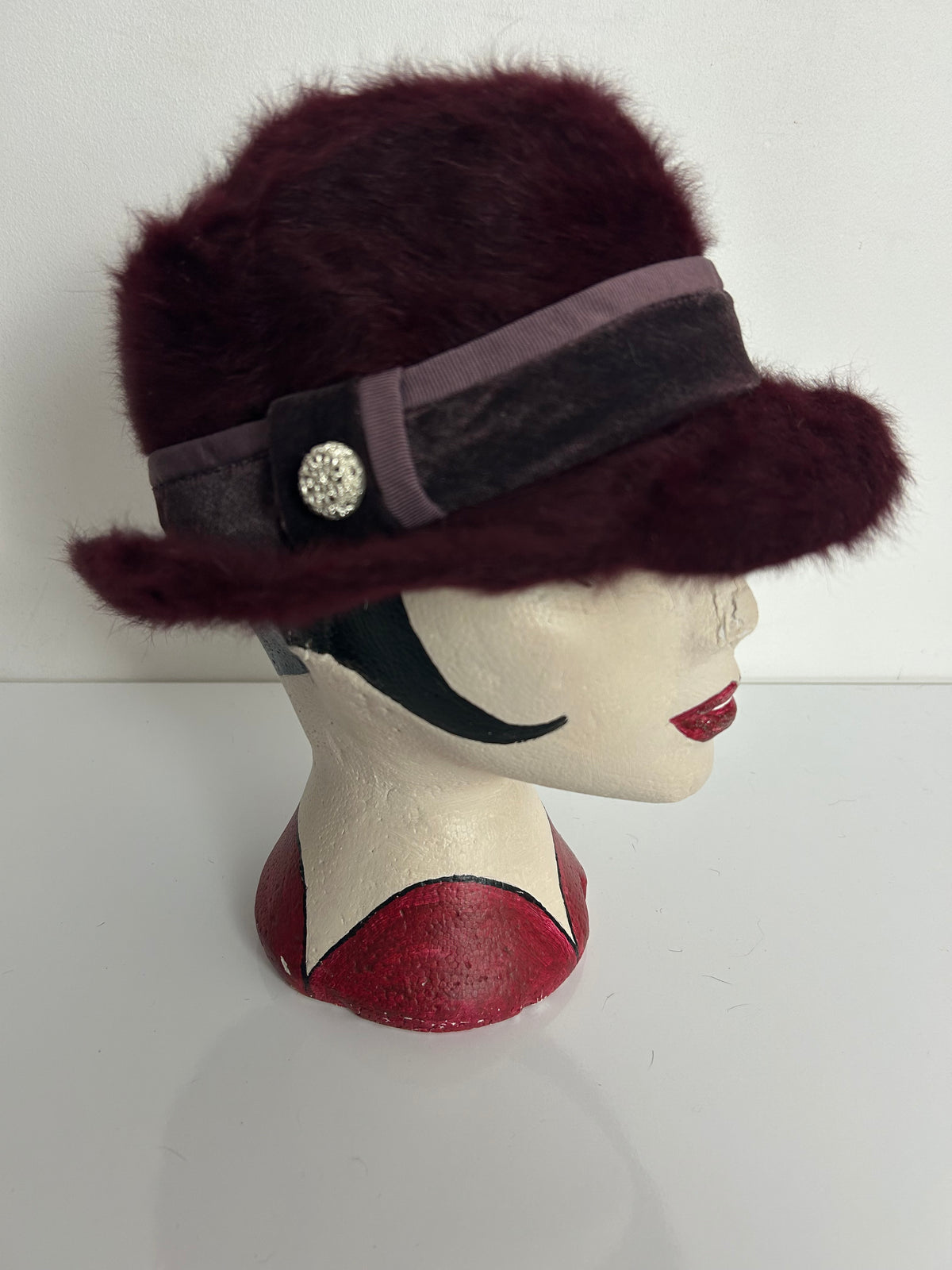 Vintage Purple Angora Mix Velvet Ribbon Trim Button Detail Trilby Style Hat