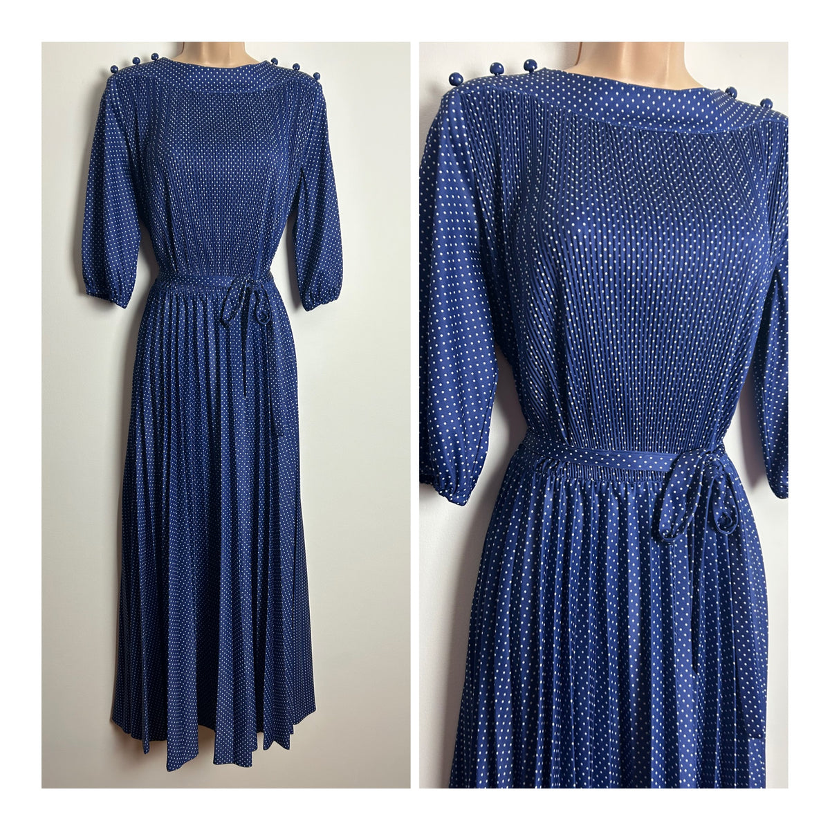 Vintage 1970s Size 10-12 Navy Blue & White Polka Dot Plisse Pleated Boho Belted Maxi Dress