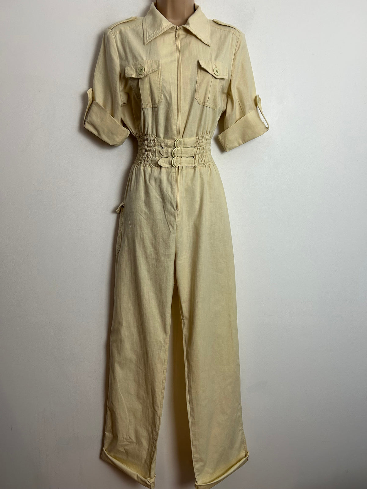 Vintage Early 1980s UK Size 10 C&A Cream Cotton Shirt Style Shirred Waist Jumpsuit