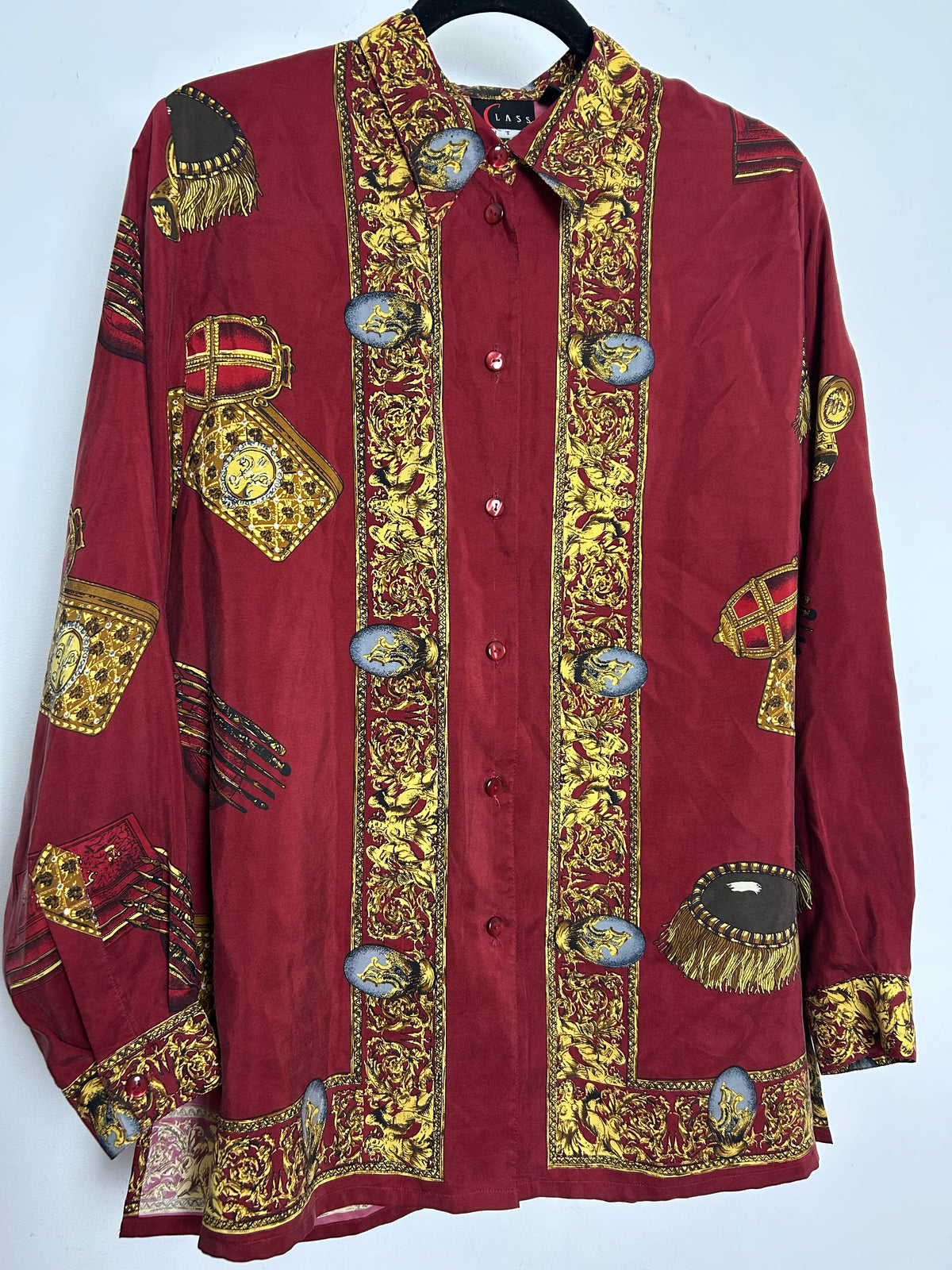 Vintage 1980s INTERCHIC Size 14-16 Maroon Baroque Print 100% Silk Shirt