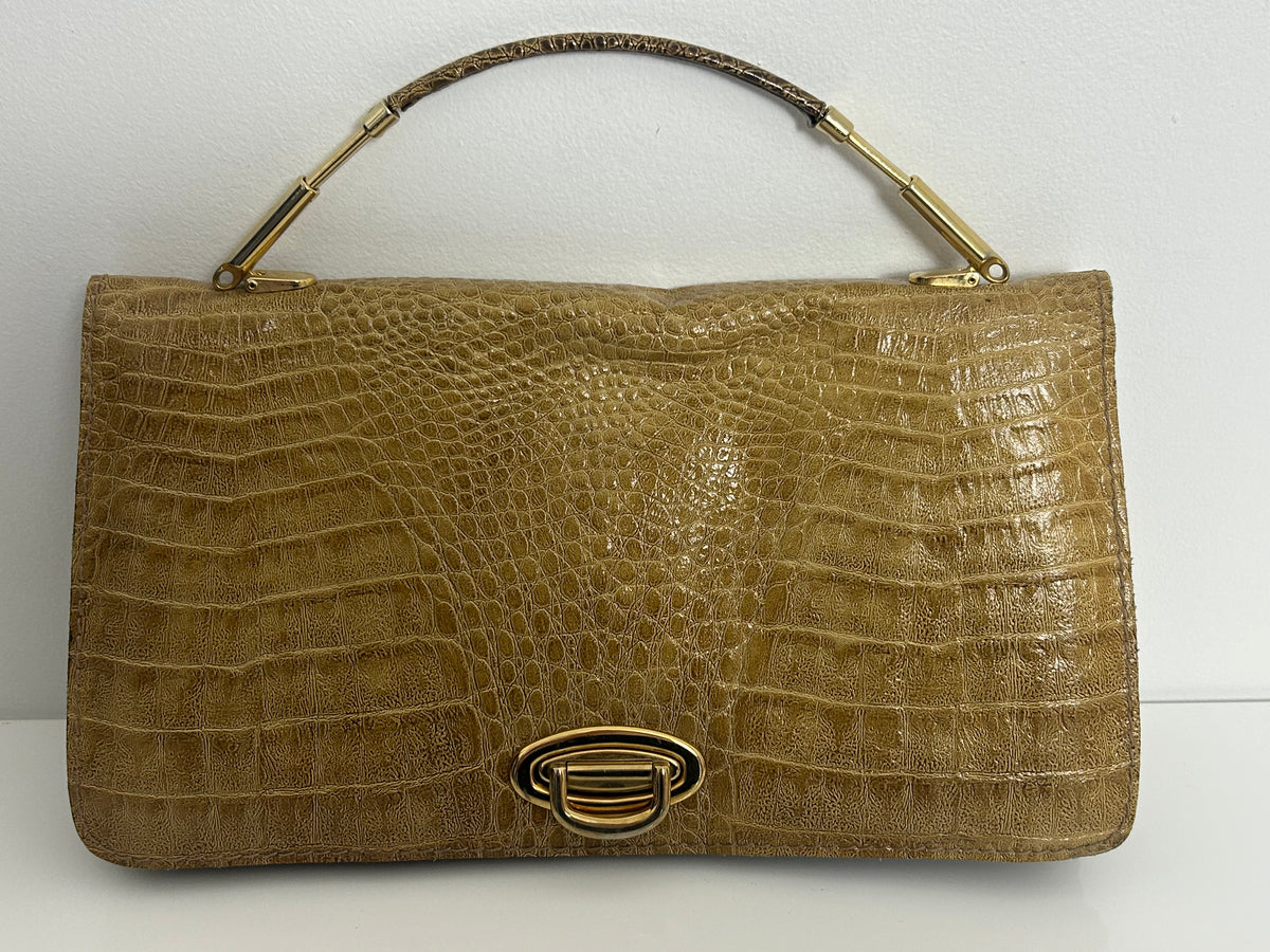 Vintage 1970s Camel Colour Reptile Mock Croc Grab Handle Handbag