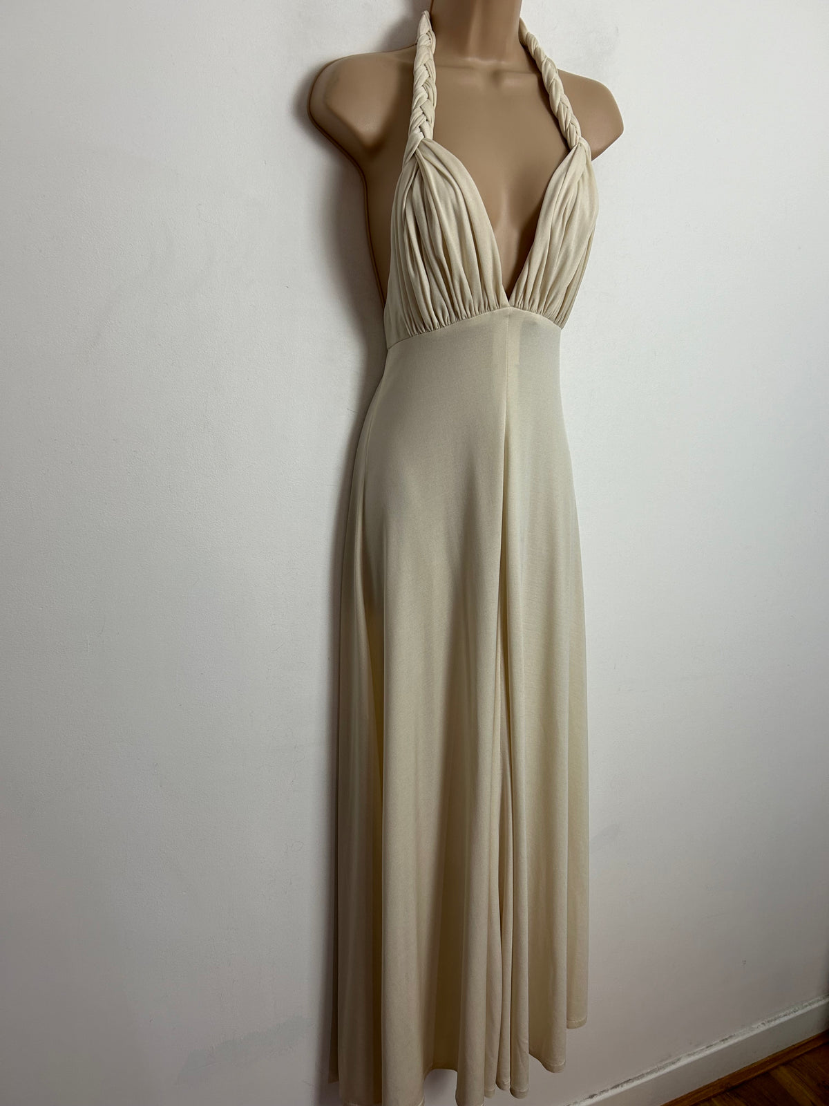 Vintage 1970s UK Size 6-8 Cream Plunge Neck Plaited Halterneck Strap Grecian Style Occasion Dress
