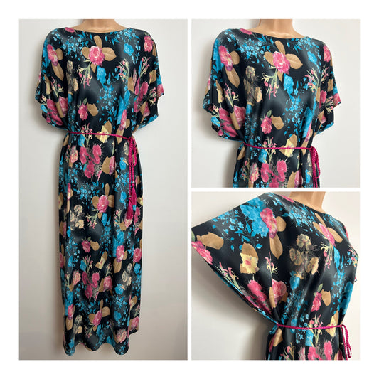 Vintage 1980s GARDEN VARELI One Size Black Turquoise Pink & Beige Floral Print Short Sleeve Kaftan