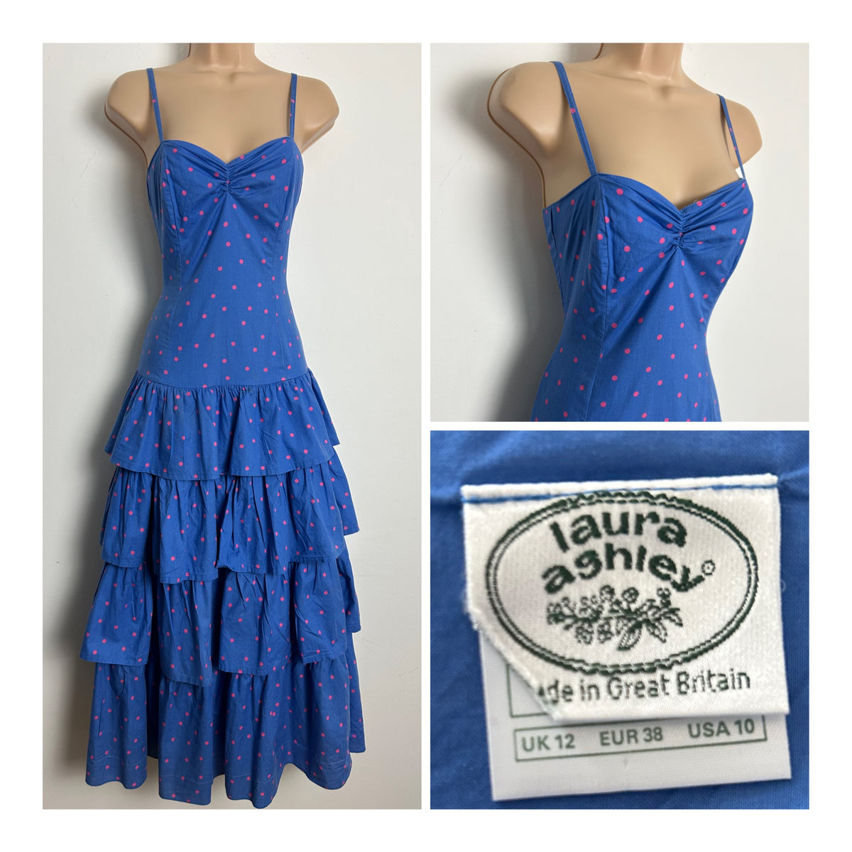 Vintage 1980s LAURA ASHLEY Size 8 (Size 12 On Label) Blue & Pink Polka Dot Print Layered Cotton Summer Dress