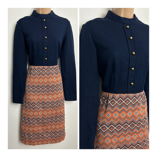Vintage Late 1960s Size 10-12 Navy Blue & Orange Tones Zig Zag Diamond Stripe Long Sleeve Mod Dress