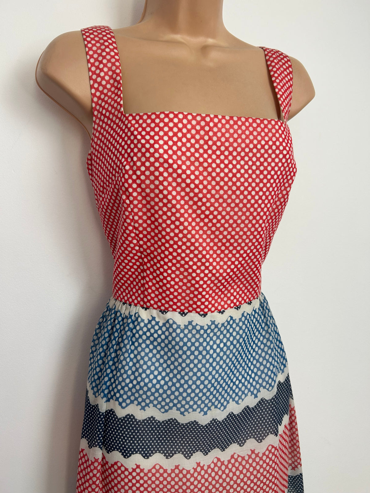 Vintage 1970s ROTER COUTURE Size 10 Red Blue Green & White Polka Dot Cotton Mix Summer Maxi Dress
