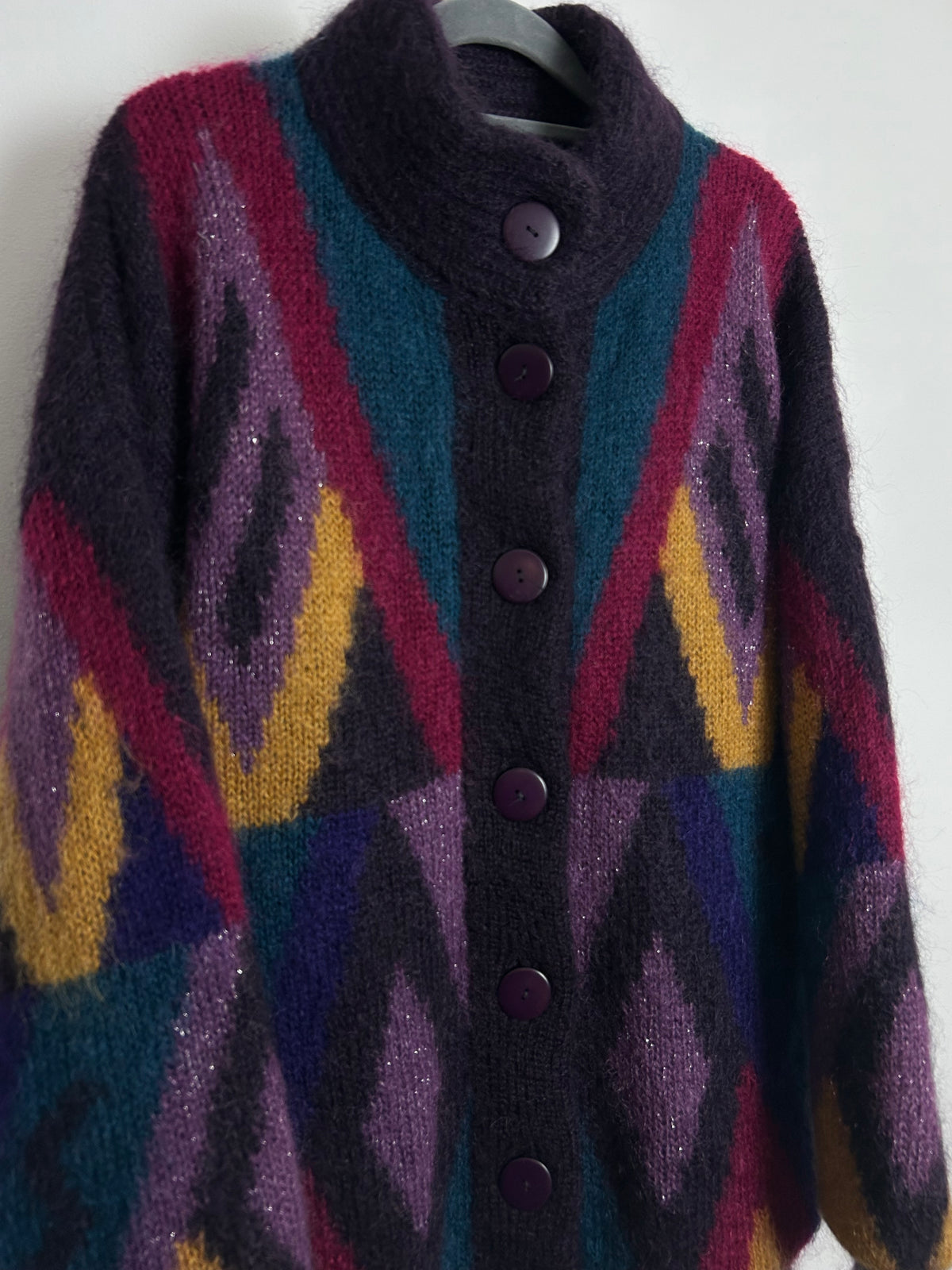 Vintage 1980s YOUR SIXTH SENSE Size XL Oversized Purple Pink Green & Mustard Mohair Mix Chunky Coatigan