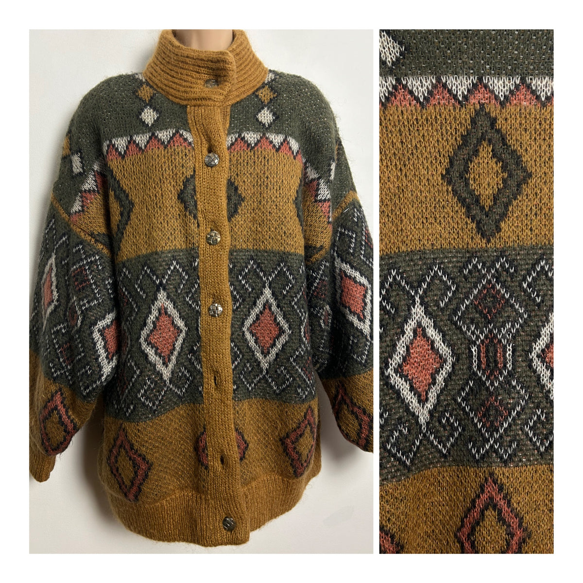 Vintage 1980s One Size Up To Size 16/18 Oversized Tan Brown & Dark Green Abstract Pattern Chunky Lined Coatigan