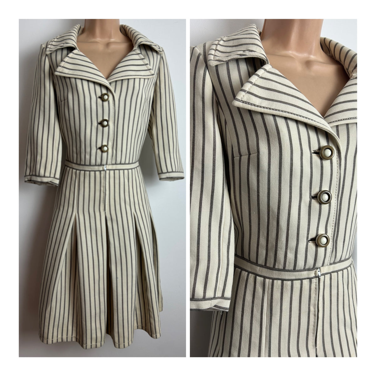Vintage 1970s Size 12 Beige & Mocha Brown Stripe Print Wool Mix Pleated Mod Dress
