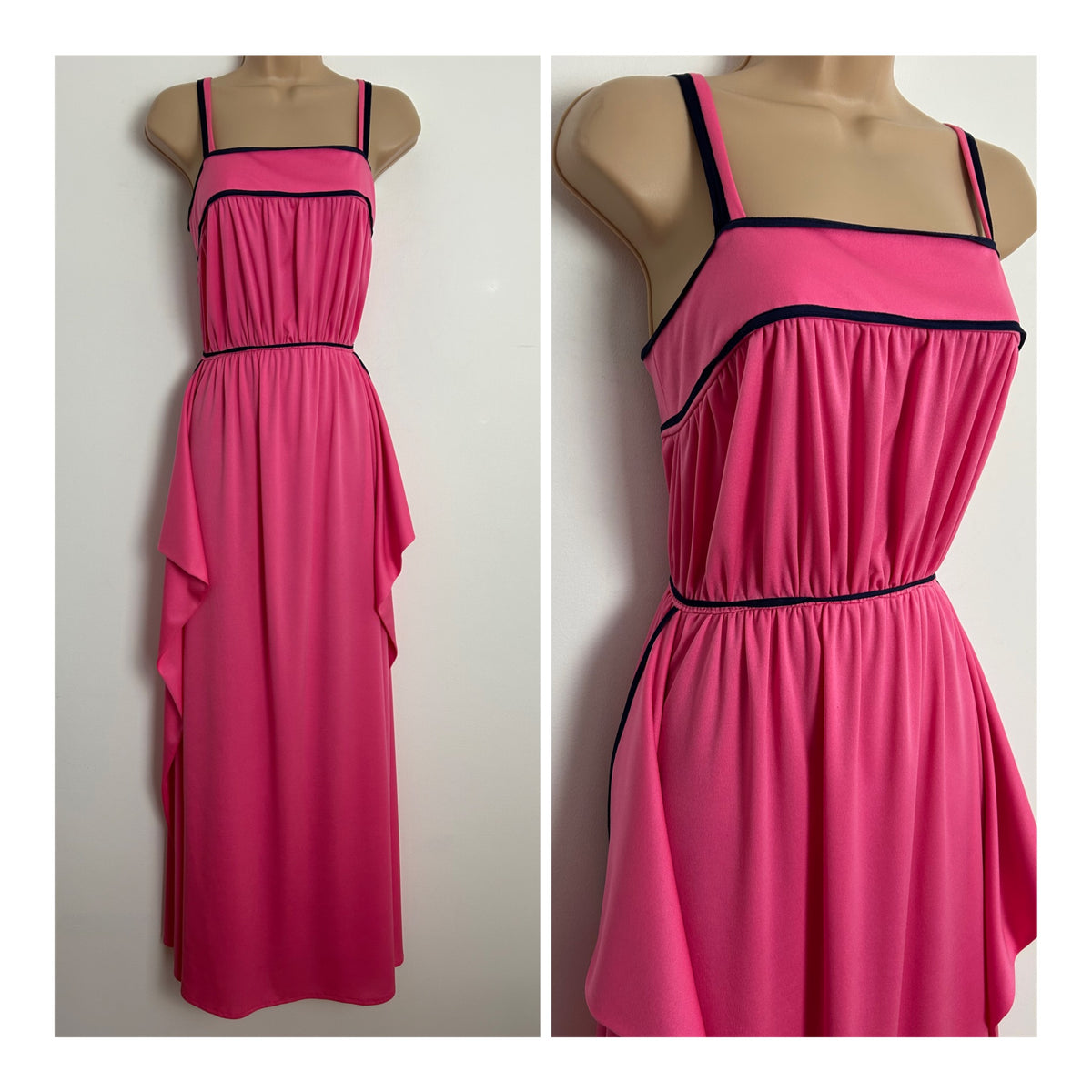 Vintage 1970s Size 6 Candy Pink & Navy Blue Trim Strappy Drape Sides Maxi Dress