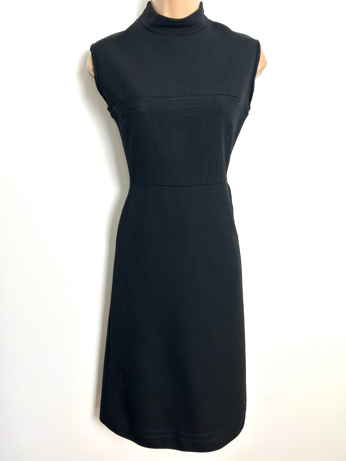 Vintage 1960s UK Size 8 Black Pure New Wool Stitch Detail Mod Dress
