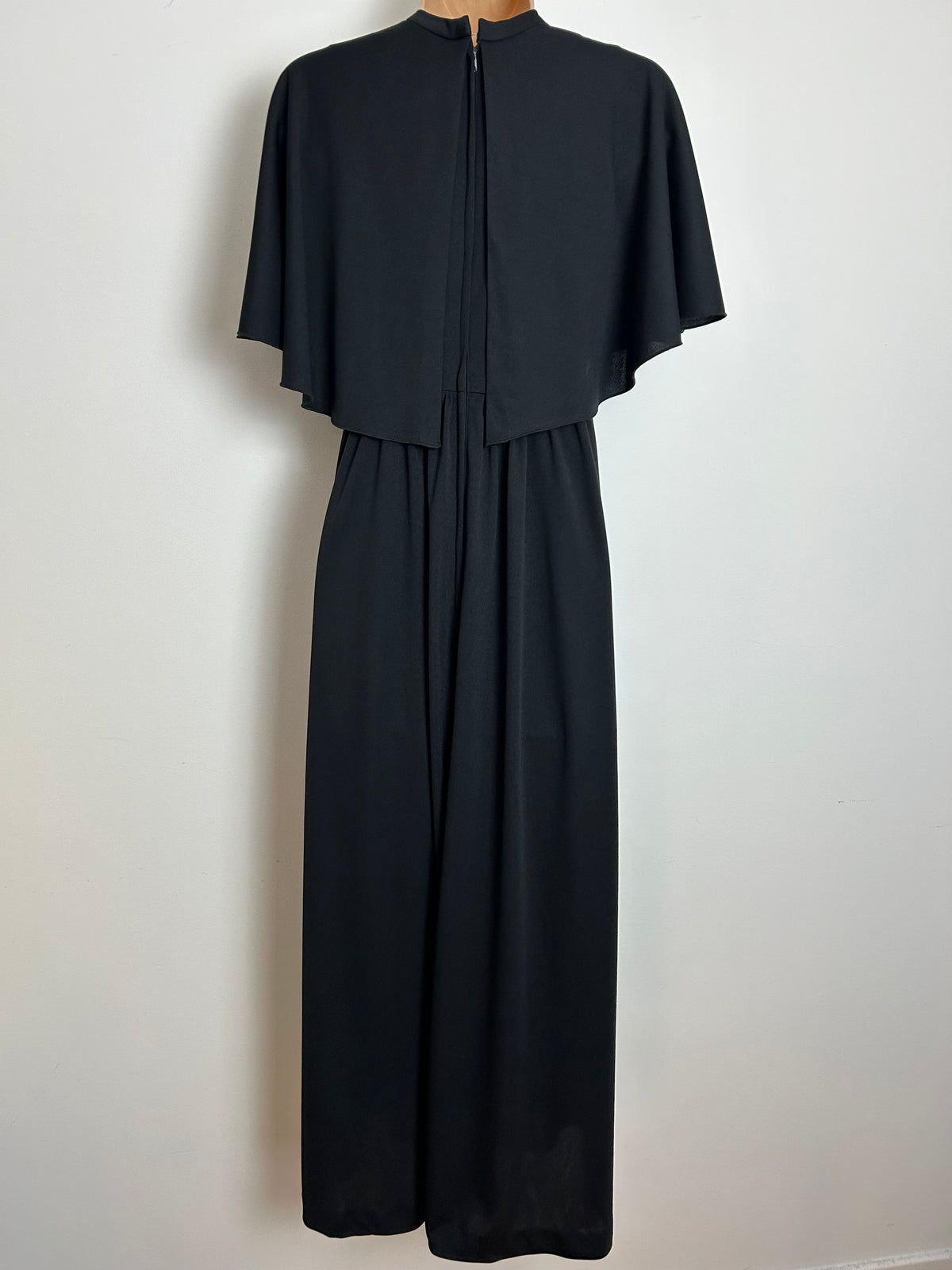 Vintage 1970s KATI AT LAURA PHILLIPS Size 10 Black Flutter Cape Sleeve Empire Line Maxi Dress