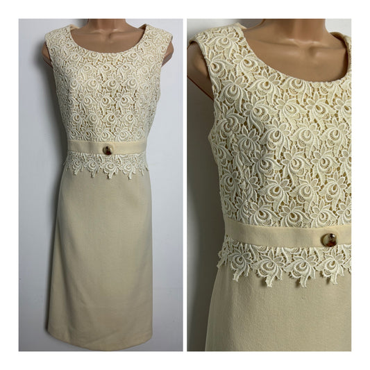 Vintage 1960s Size 14 Cream Pure New Wool Guipure Lace Bodice Mod Occasion Dress