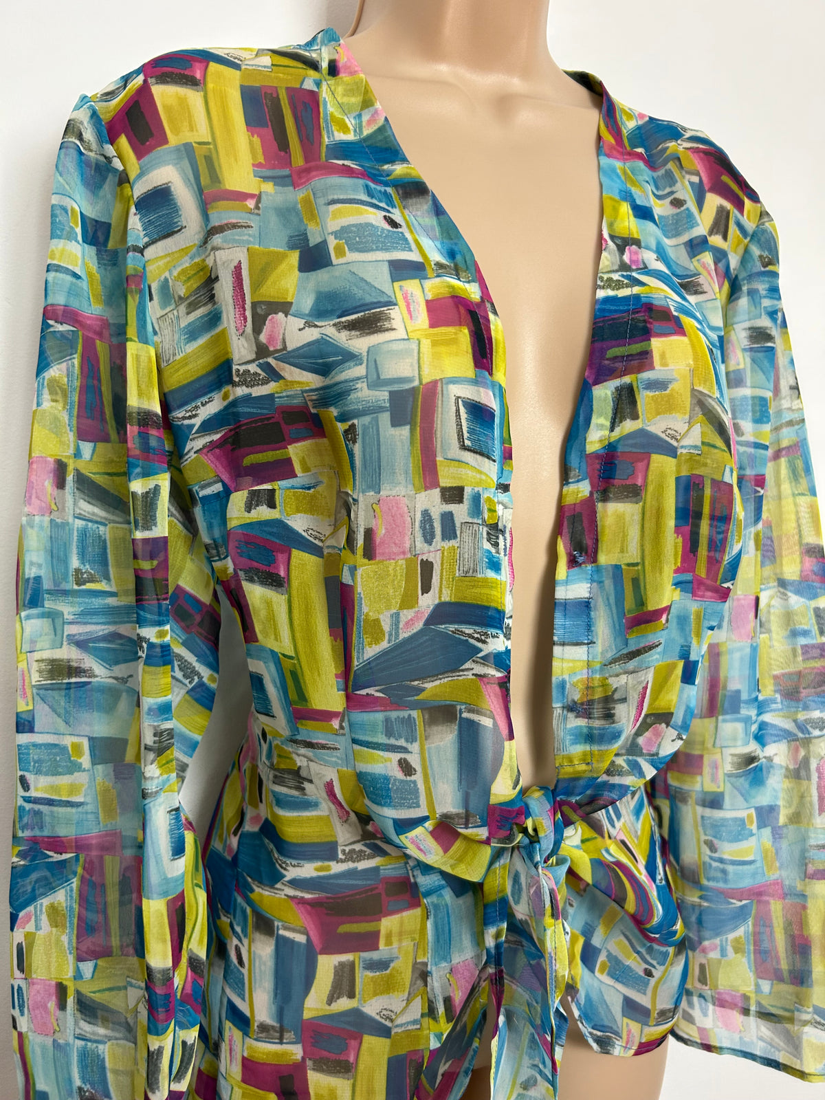 Vintage 1980s Size 12 Blue Pink & Yellowy Green Abstract Print Semi Sheer Tie Front Cover Up Top