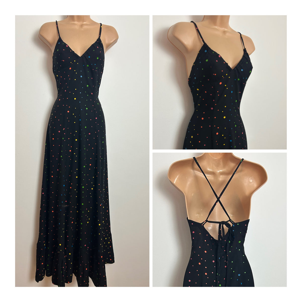 Vintage 1970s DOMINO-D Size 6-8 Black & Multicolour Spot Print Halterneck Maxi Dress