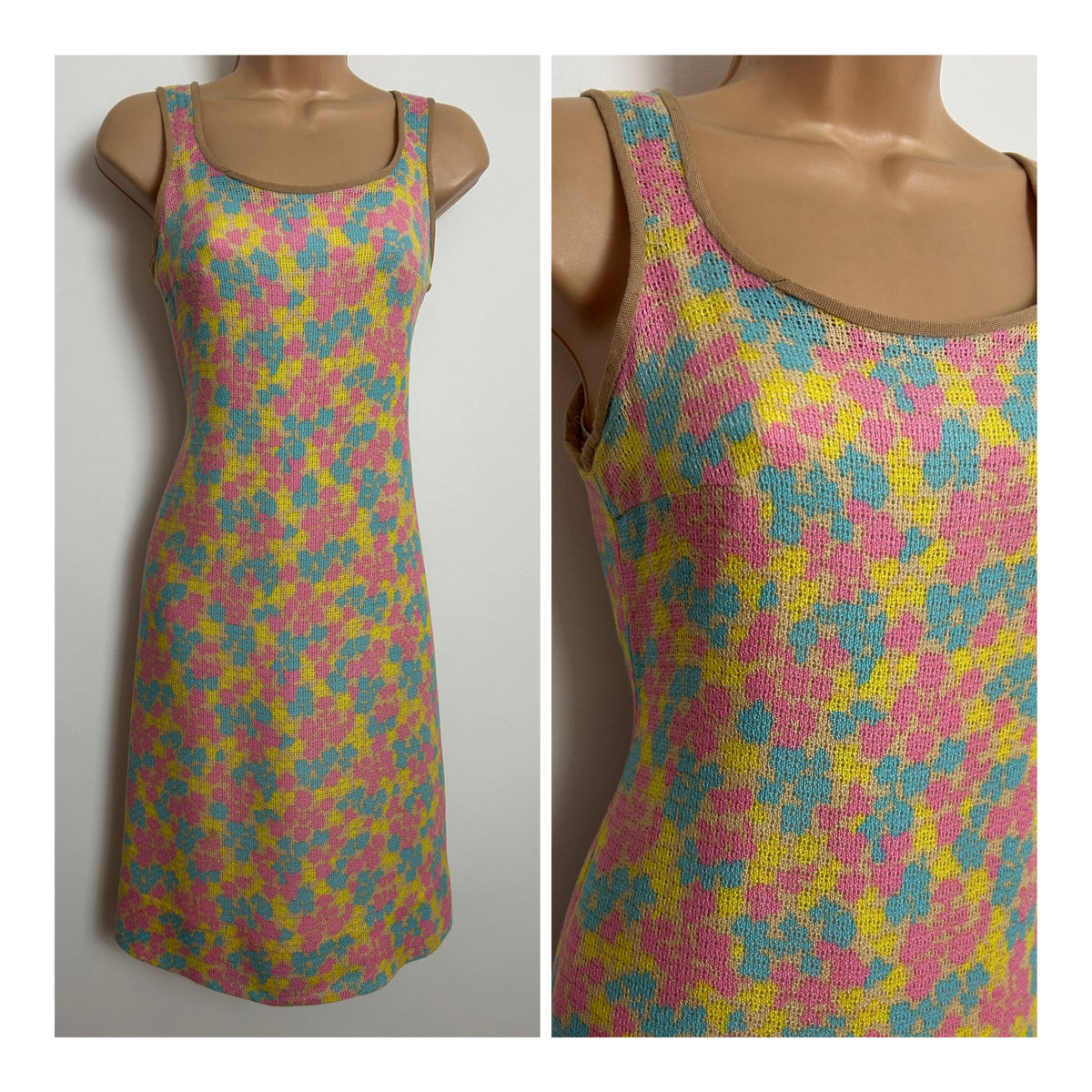Vintage 1960s Size 6 Beige Pink Blue & Yellow Abstract Print Knitted Day Dress