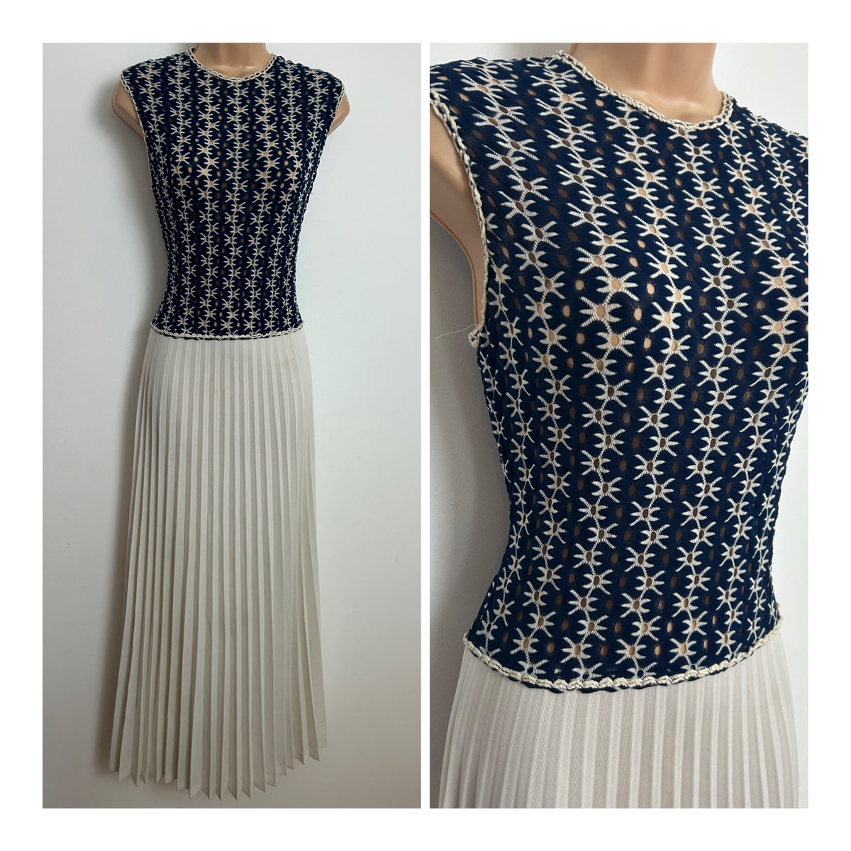 Vintage 1970s Size 10 Navy Blue & White Sleeveless Pleated Summer Occasion Maxi Dress