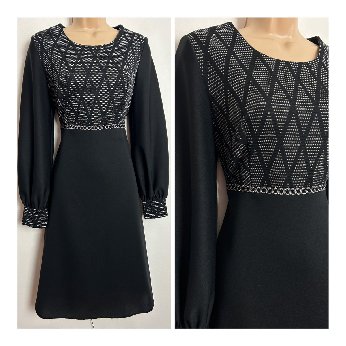 Vintage 1970s UK Size 10 Black & Sliver Lurex Long Sleeve Mod Party Occasion Dresss