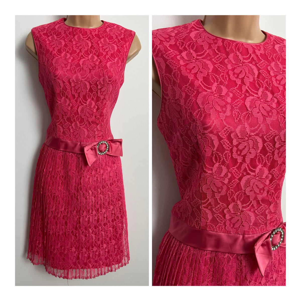 Vintage 1960s Size 8 Pink Lace Satin Bow Detail Pleated Shift Party Occasion Dress