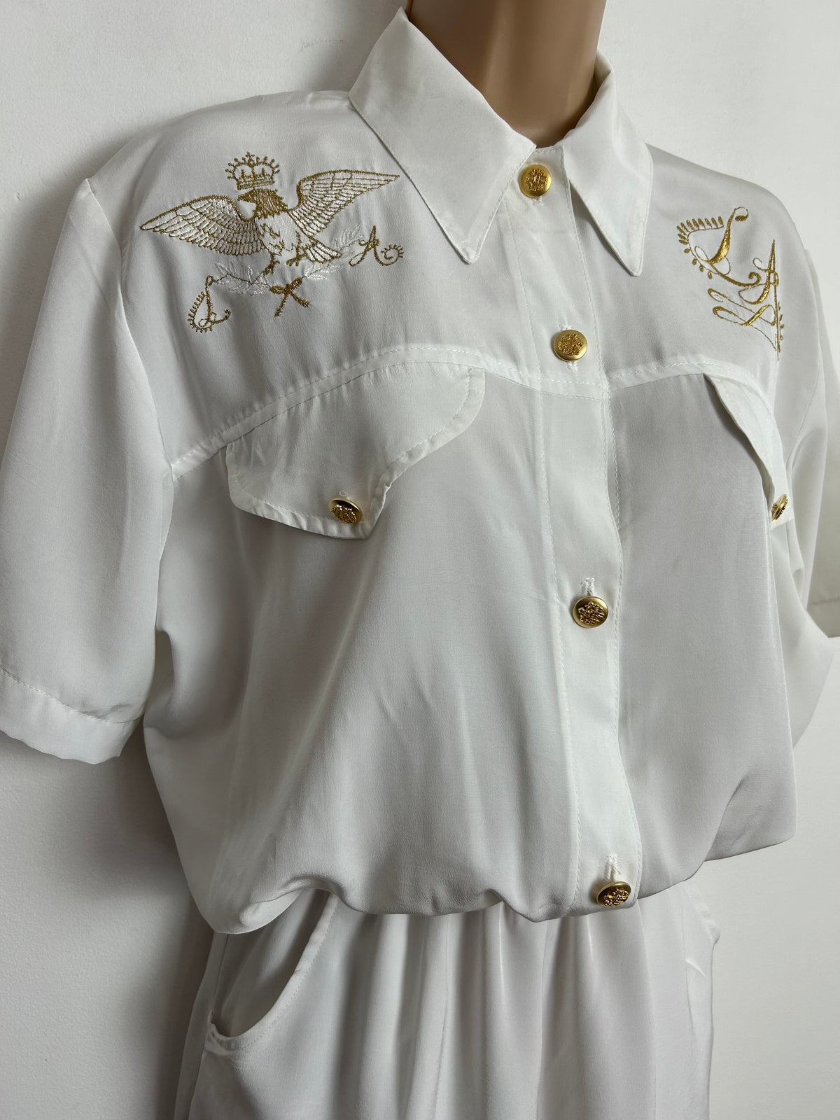 Vintage 1980s ST DENIS Size 10 White & Gold Embroidered Detail Cut Out Back Summer Playsuit