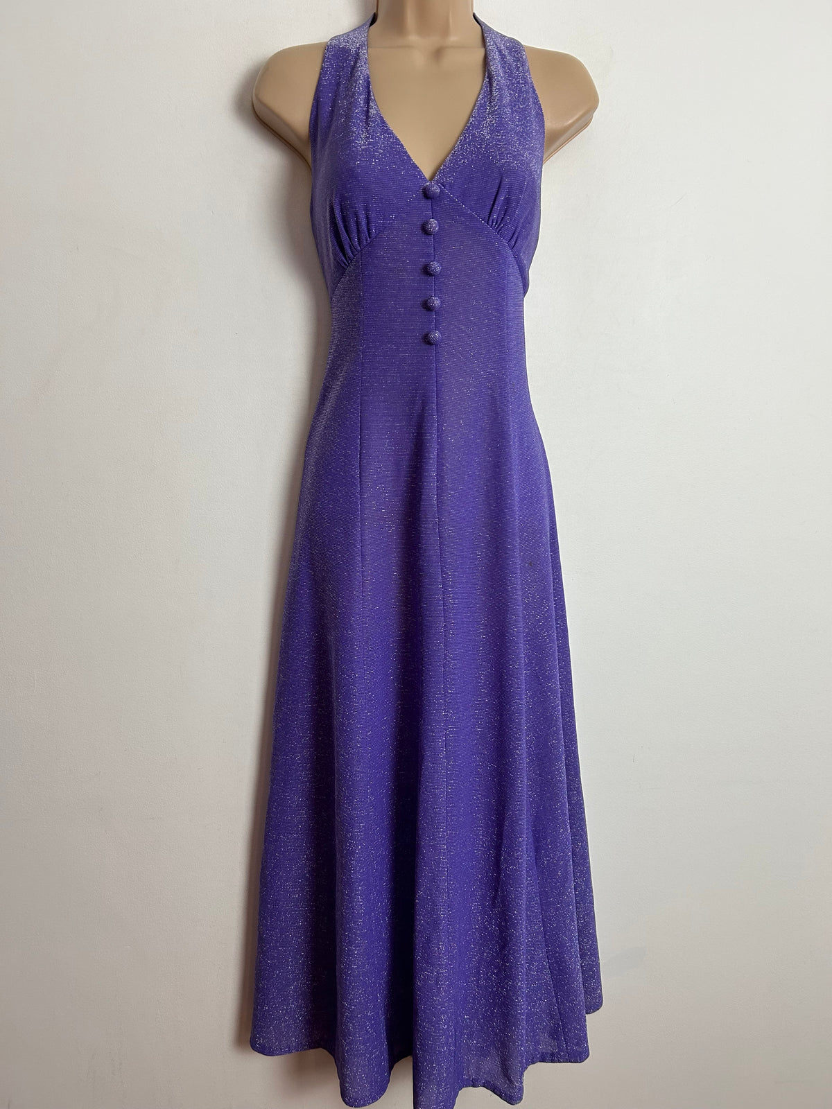 Vintage 1970s PEGGY PAGE UK Size 8 Purple Lurex Halterneck Party Occasion Maxi Dress