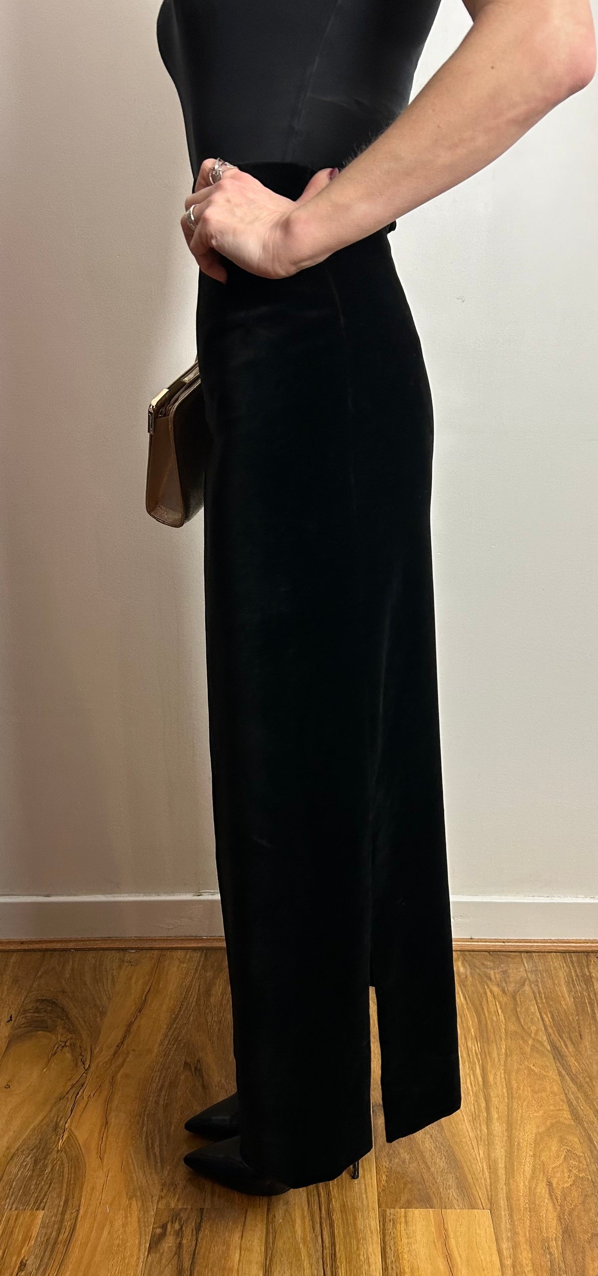 Vintage 1970s UK Size 8 Black Cotton Velvet Split Detail Column Style Maxi Skirt