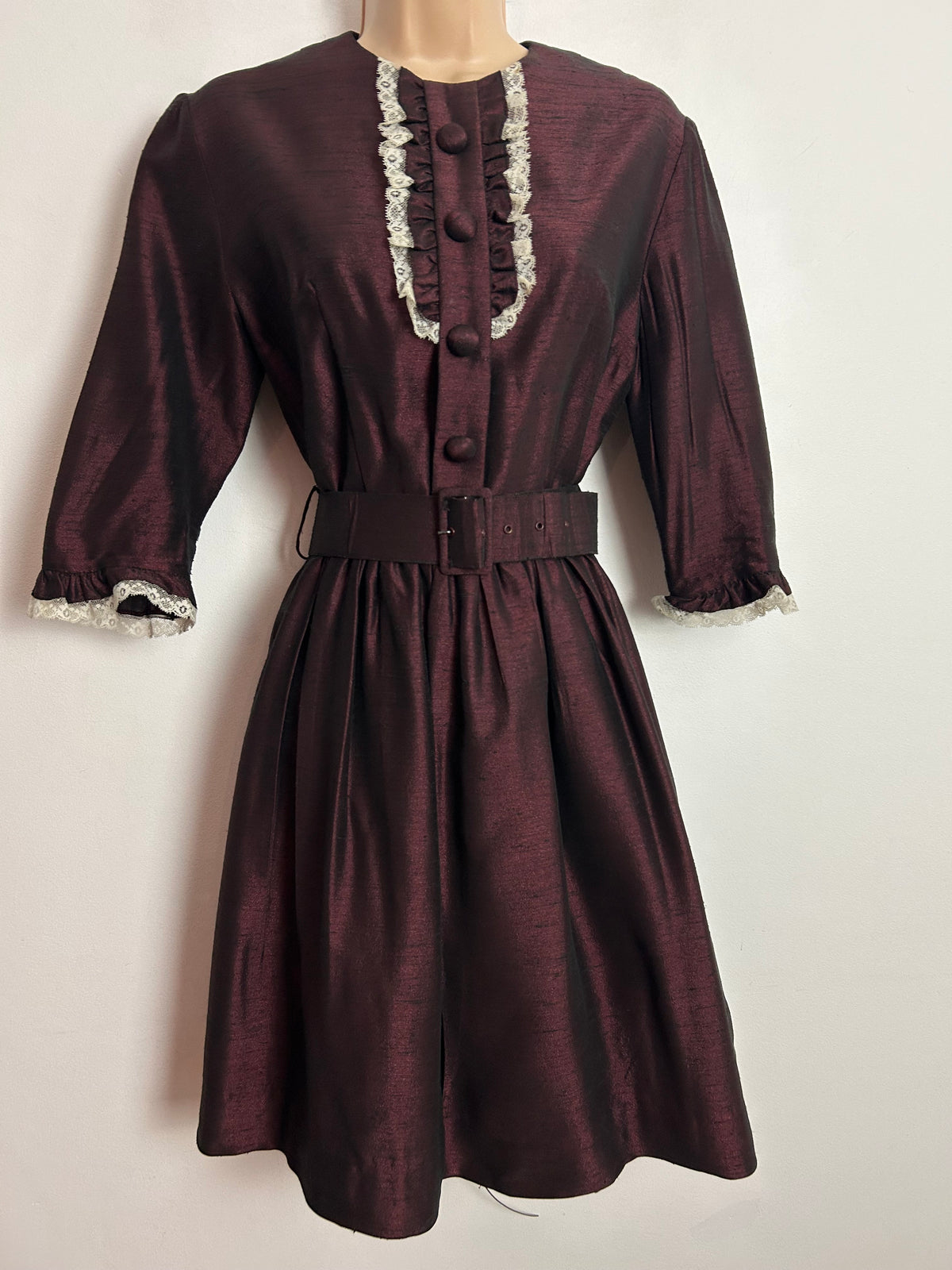 Vintage 1960s UK Size 8 Dark Plum Purple Lace Trim Belted Pleated Dress